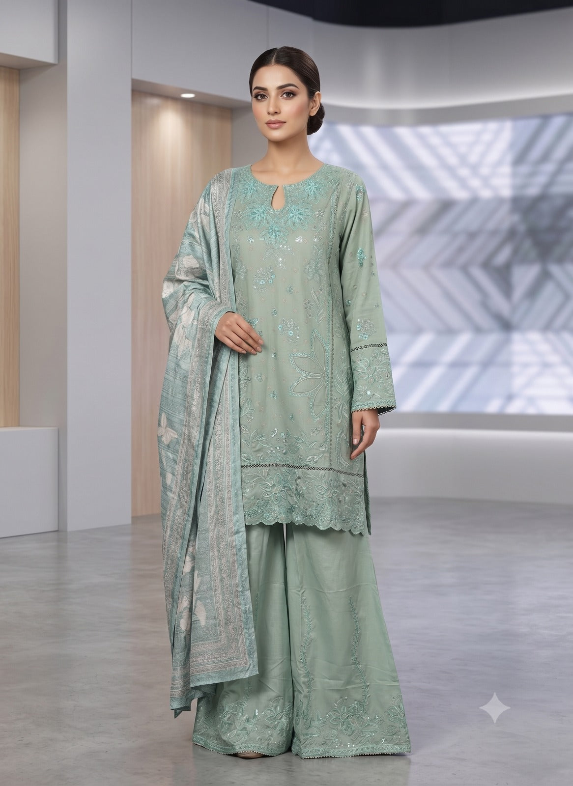 BSJ-001 Pista Green Bin Saeed Luxury Embroidered Jacquard 3 Piece Suit