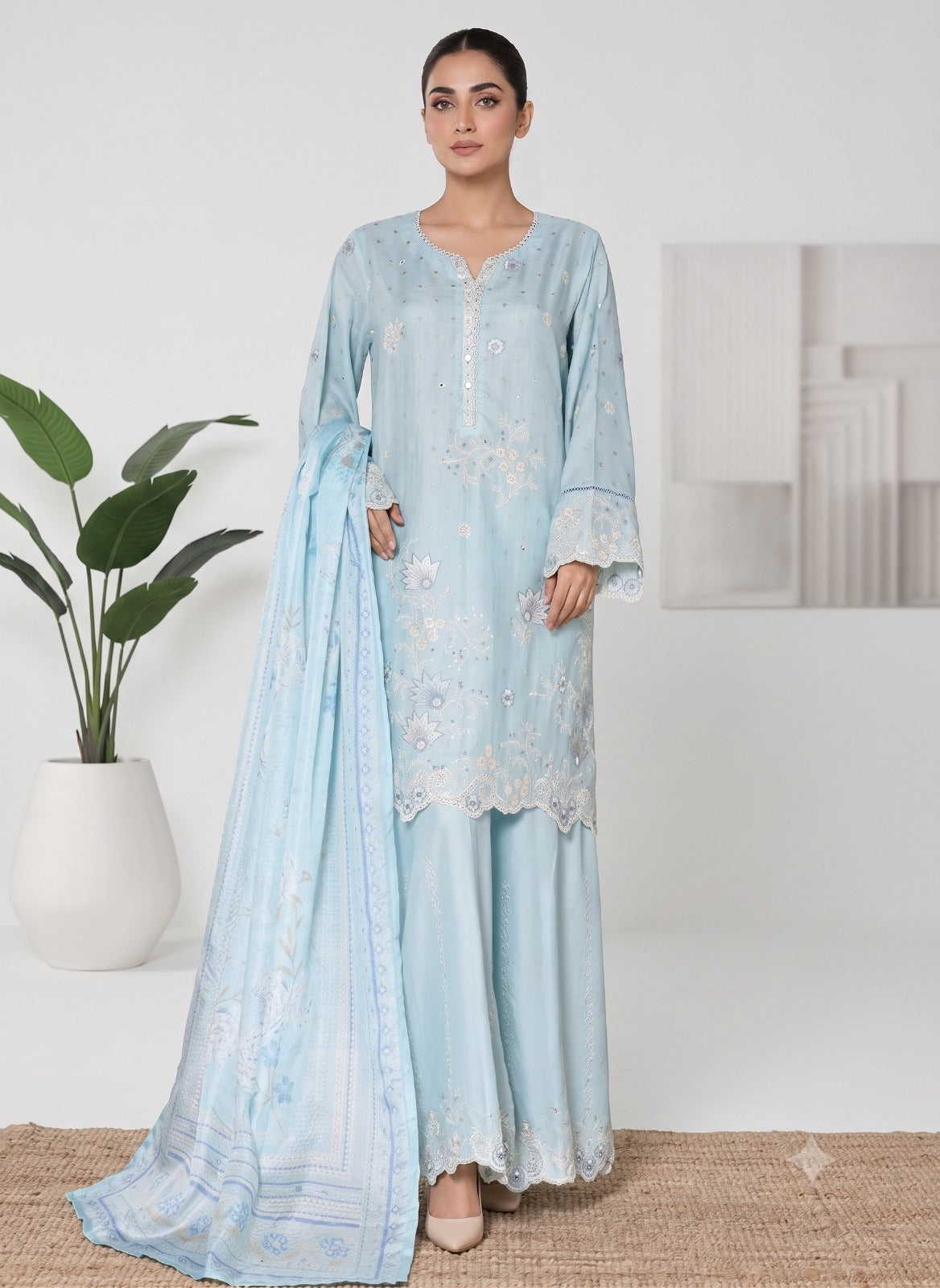 BSJ-002 Powder Blue Bin Saeed Luxury Embroidered Jacquard 3 Piece Suit