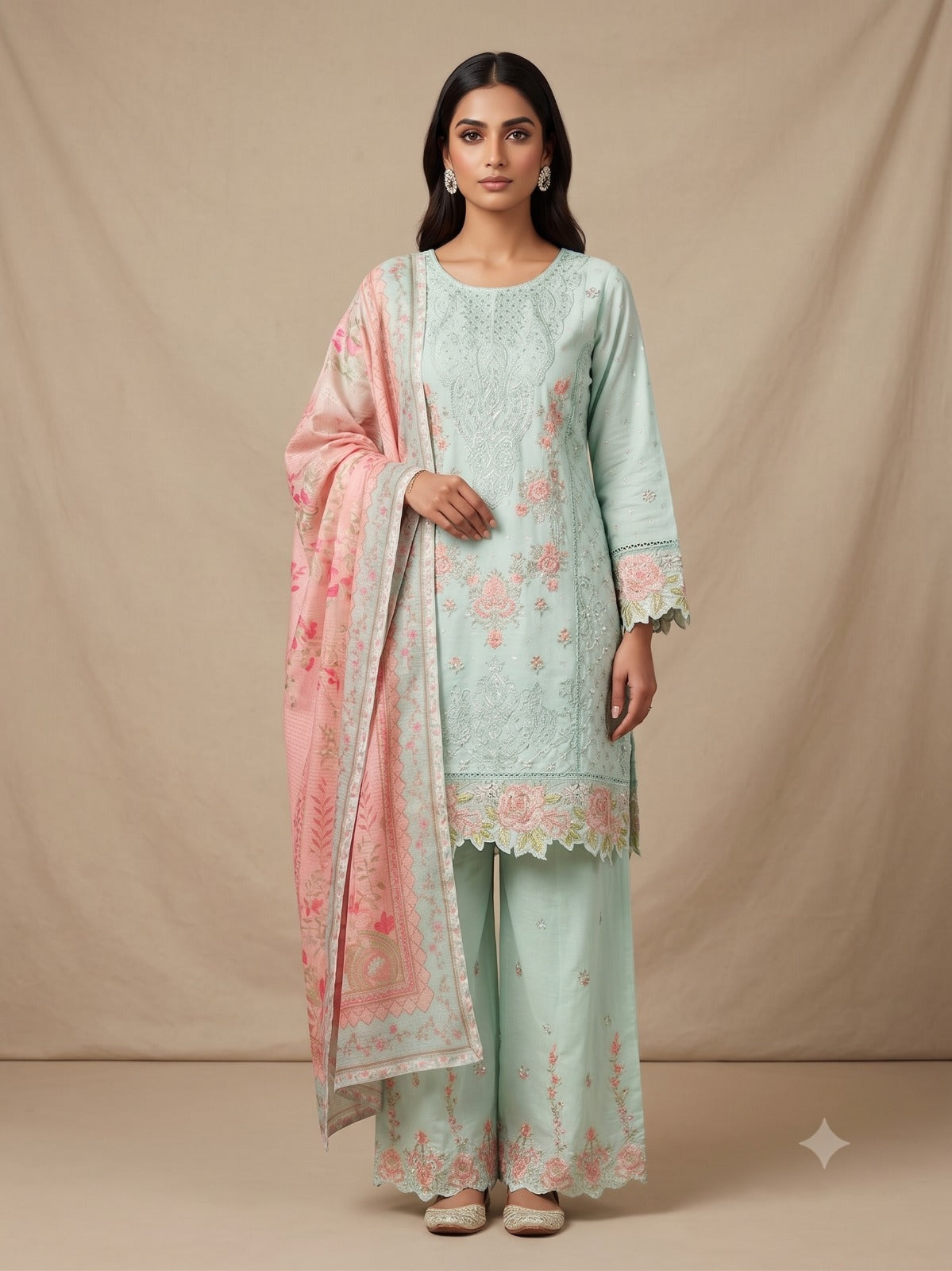 BSJ-003 Mint Green Bin Saeed Luxury Embroidered Jacquard 3 Piece Suit