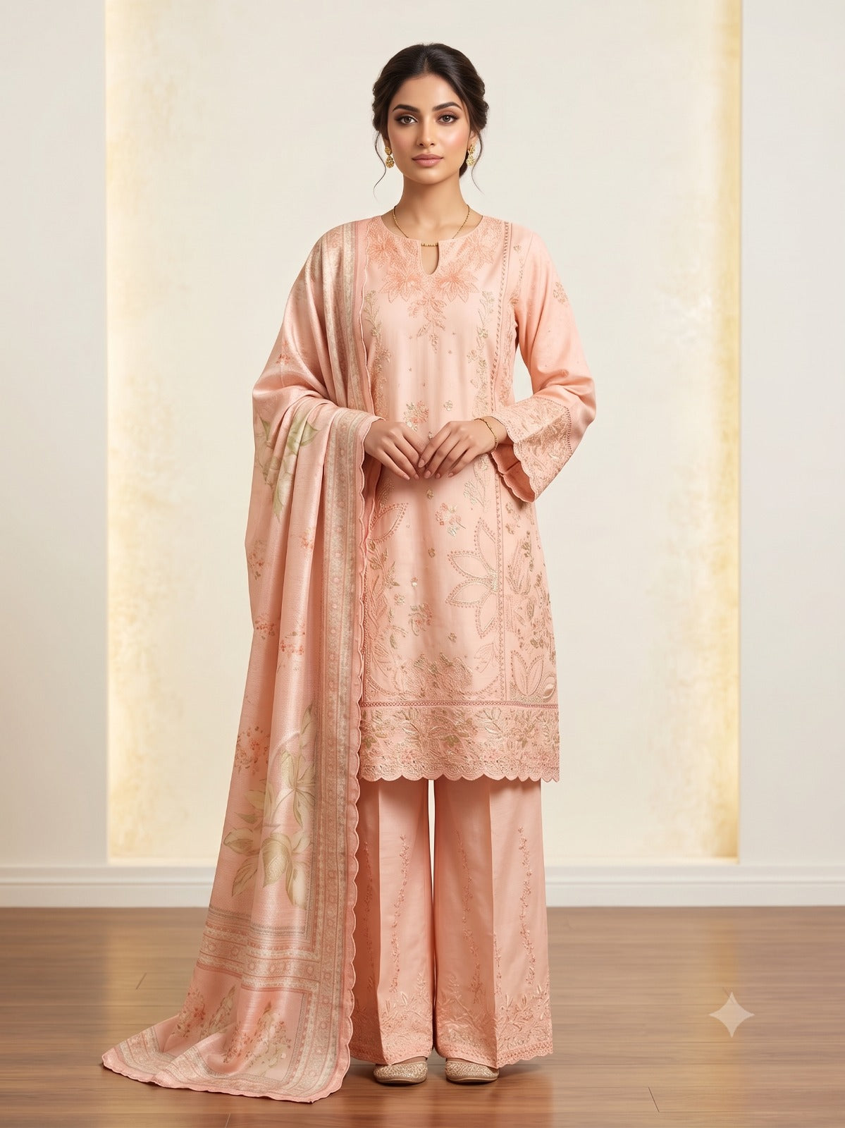 BSJ-004 Peach Pink Bin Saeed Luxury Embroidered Jacquard 3 Piece Suit