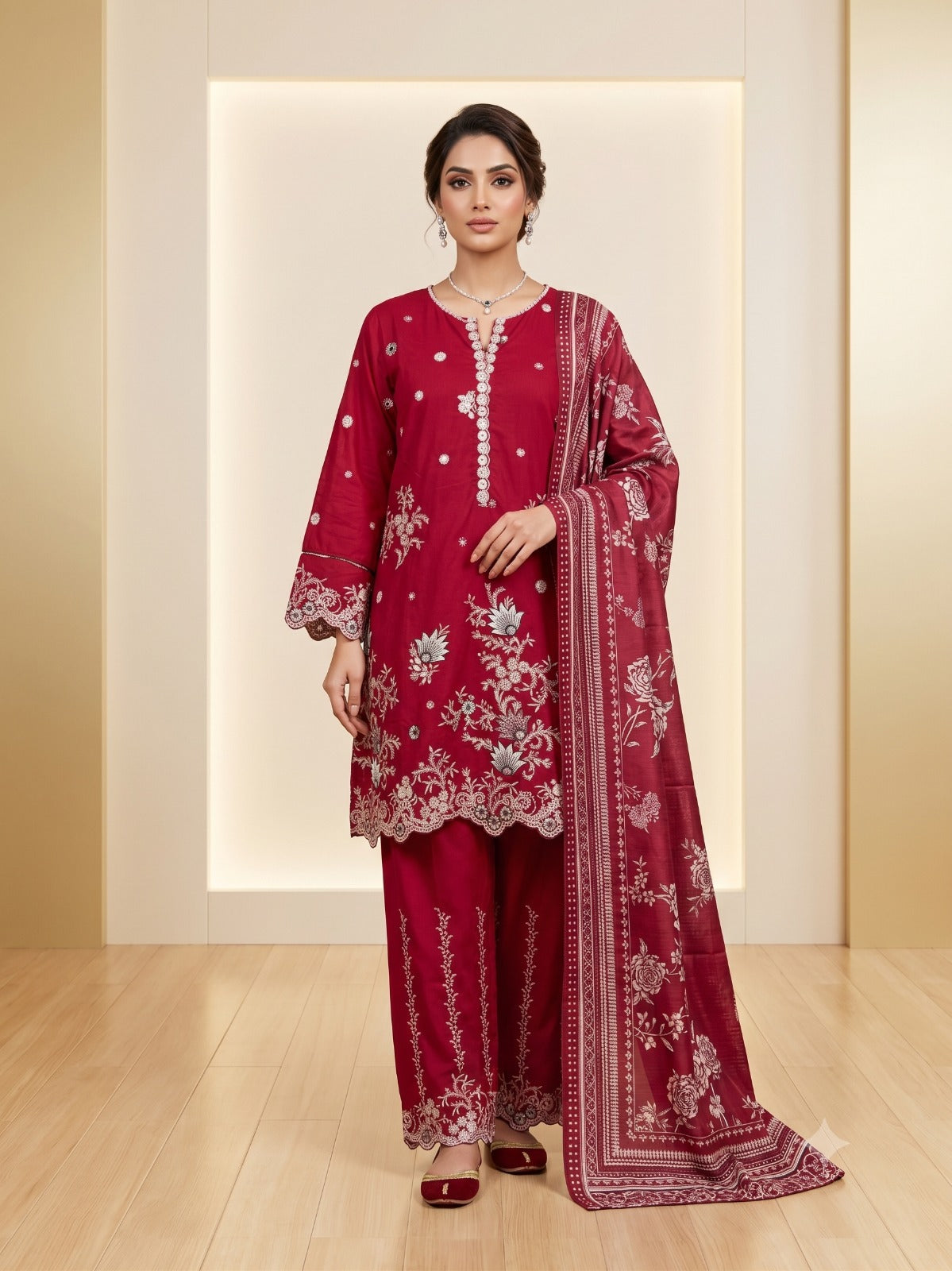 BSJ-005 Ruby Red Bin Saeed Luxury Embroidered Jacquard 3 Piece Suit