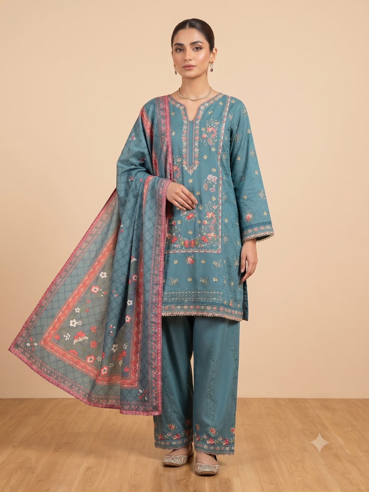 BSJ-006 Teal Blue Bin Saeed Luxury Embroidered Jacquard 3 Piece Suit