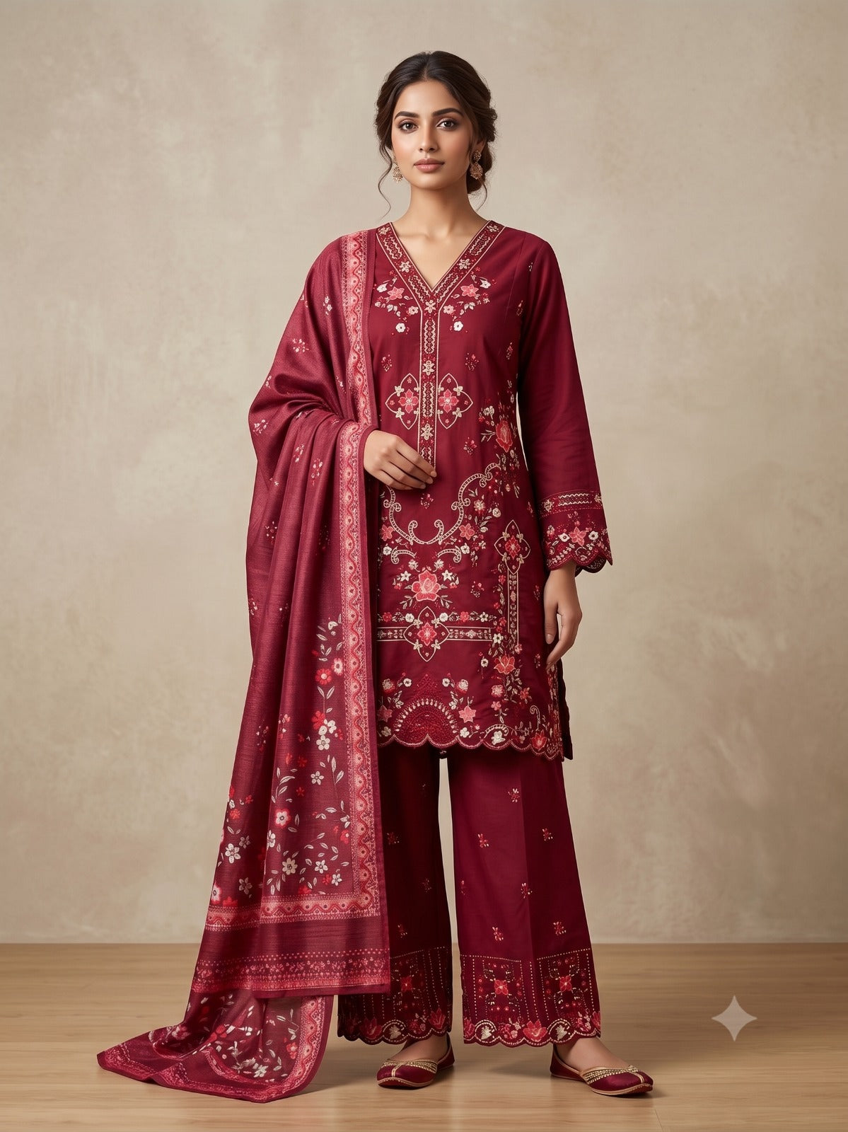 BSJ-007 Maroon Bin Saeed Luxury Embroidered Jacquard 3 Piece Suit
