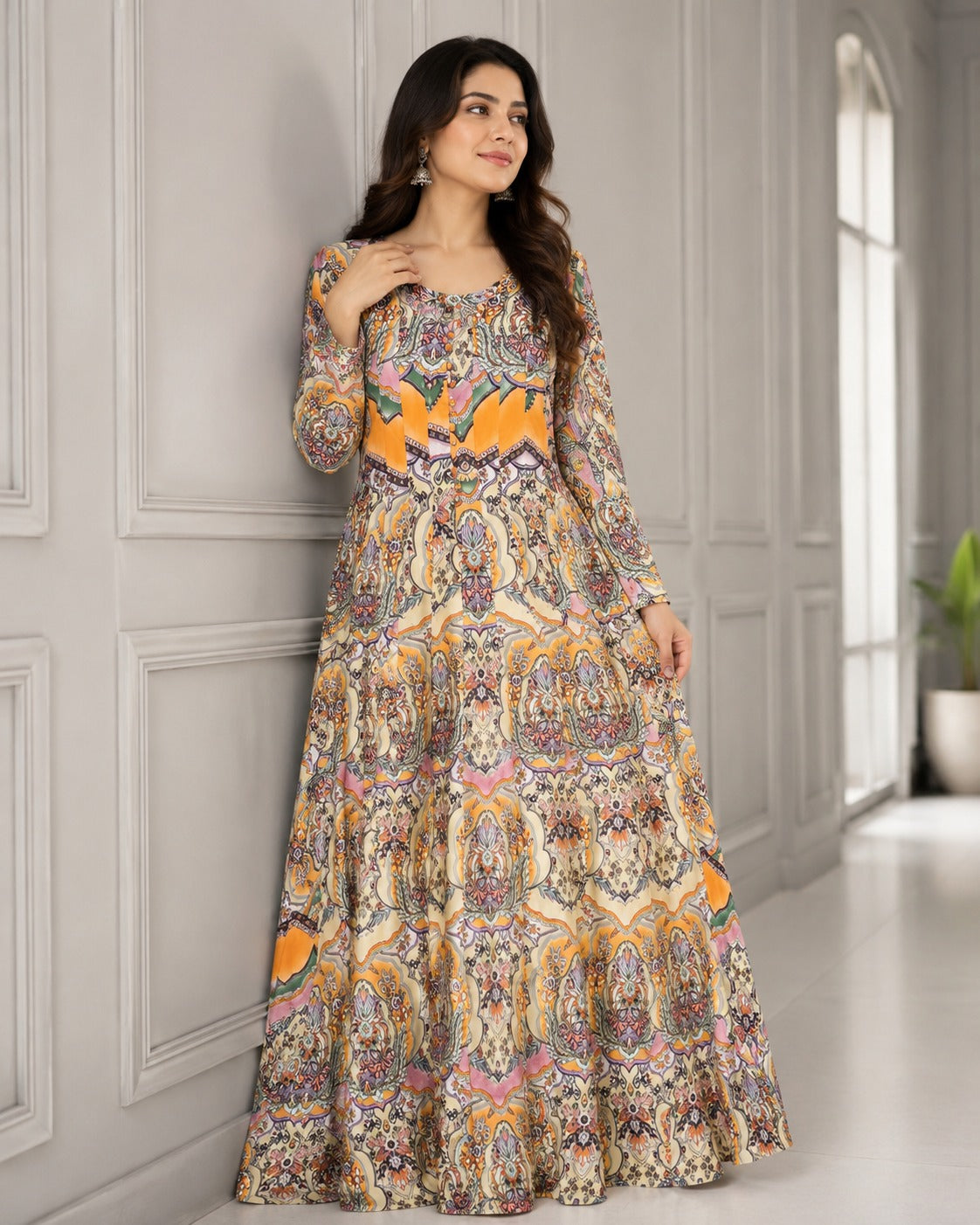 Georgette Cream Orange Pink Round Neck Button Front Paisley Medallion Print Maxi Dress