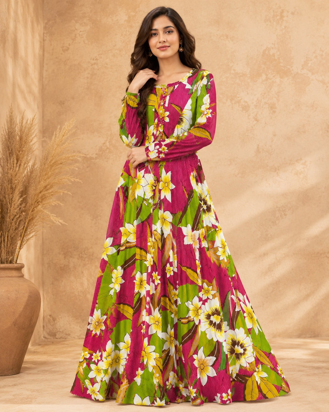 Georgette Magenta Green Round Neck Button Front Tropical Floral Print Maxi Dress
