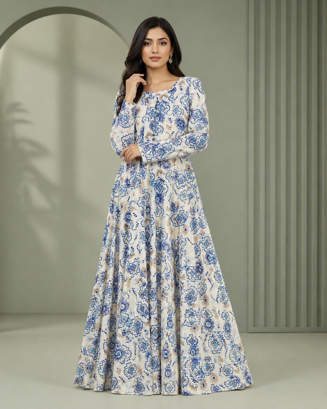 Linen Ivory Blue Round Neck Button Front Geometric Floral Print Maxi Dress