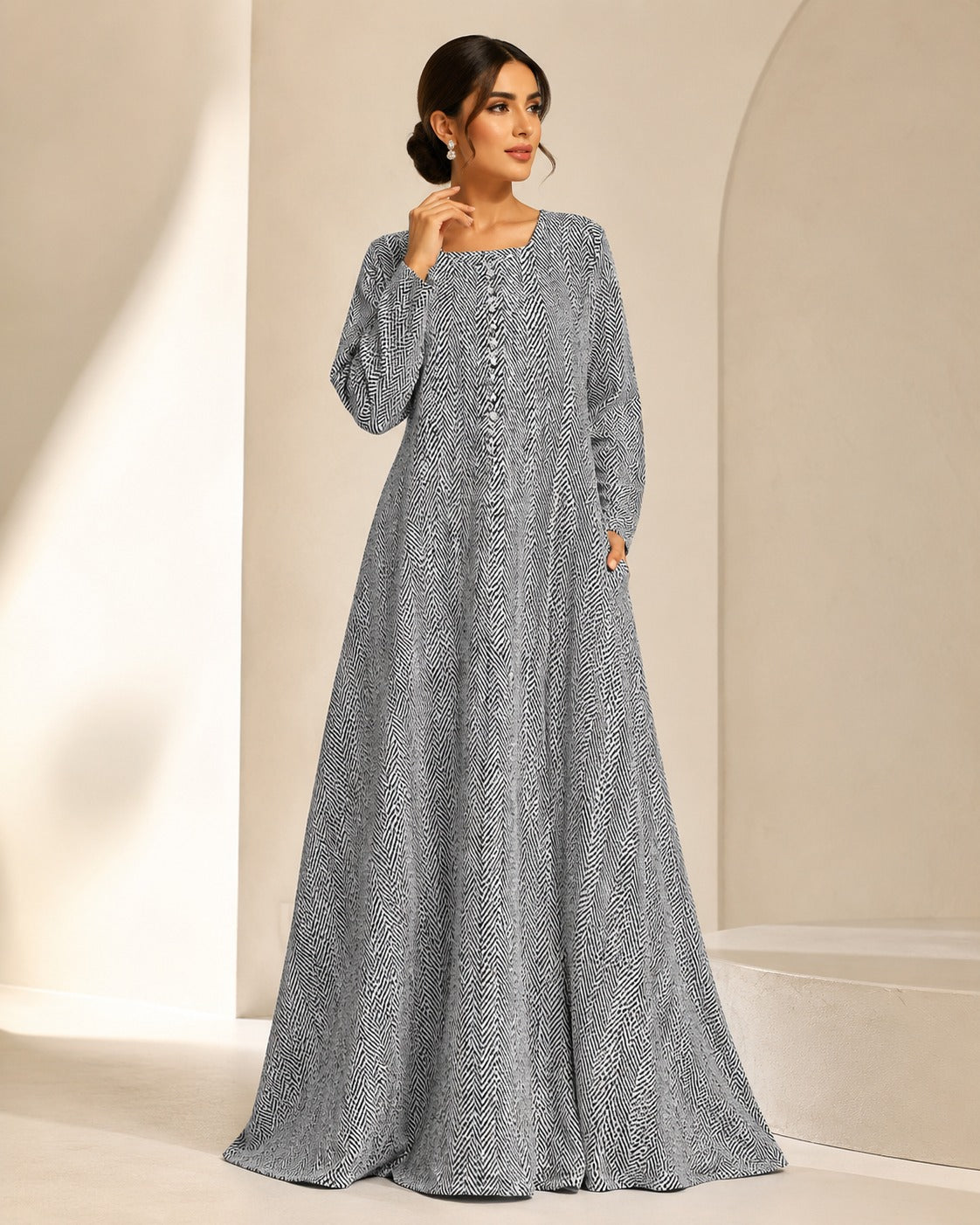 Linen Ivory Charcoal Round Neck Button Front Mini Geometric Buti Print Maxi Dress