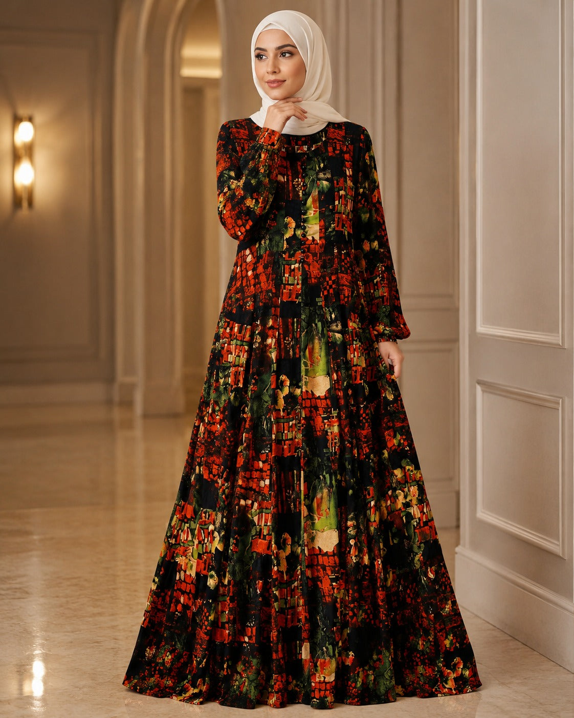 GM-01 Georgette Black Rust Olive Round Neck Black Button Front Abstract Brick Floral Print Maxi Dress