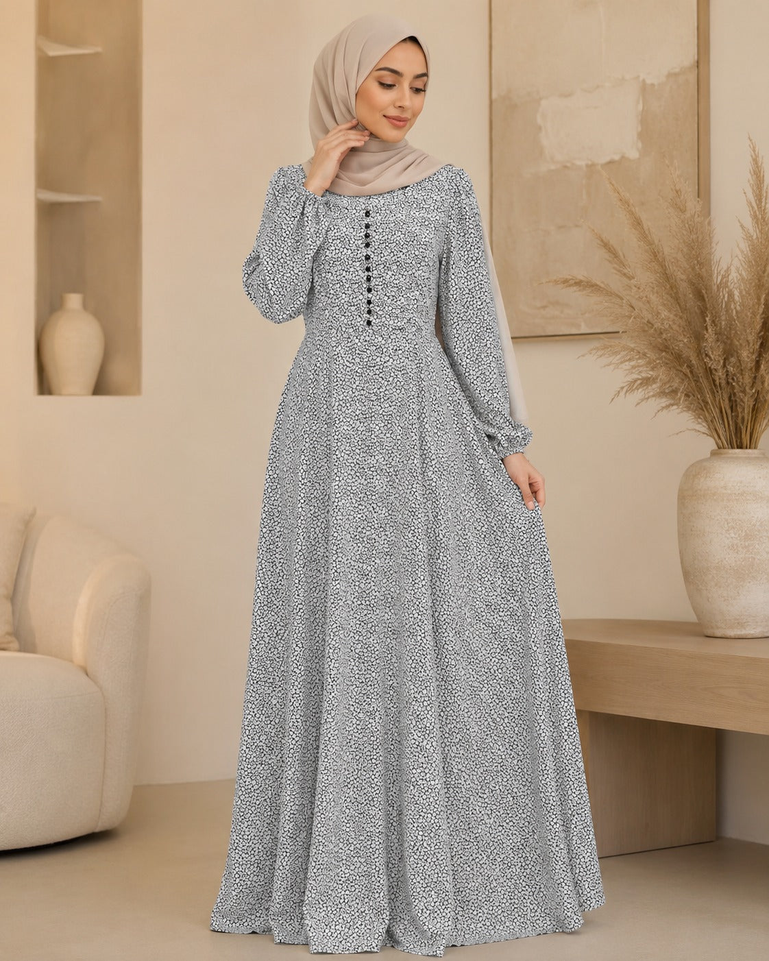 GM-02 Georgette Ivory Black Round Neck Black Button Front Tiny Floral Dot Print Maxi Dress