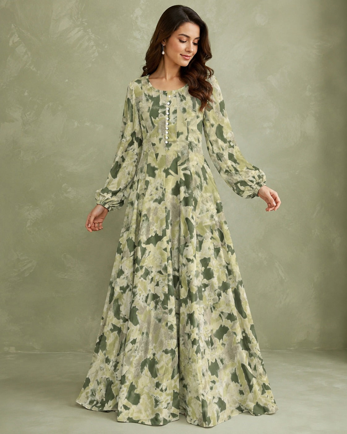 Linen Sage Olive Beige Round Neck Pearl Button Front Abstract Leaf Print Maxi Dress