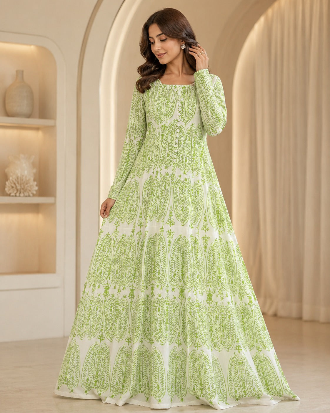 Linen Ivory Pistachio Green Round Neck White Button Front Paisley Leaf Block Print Maxi Dress