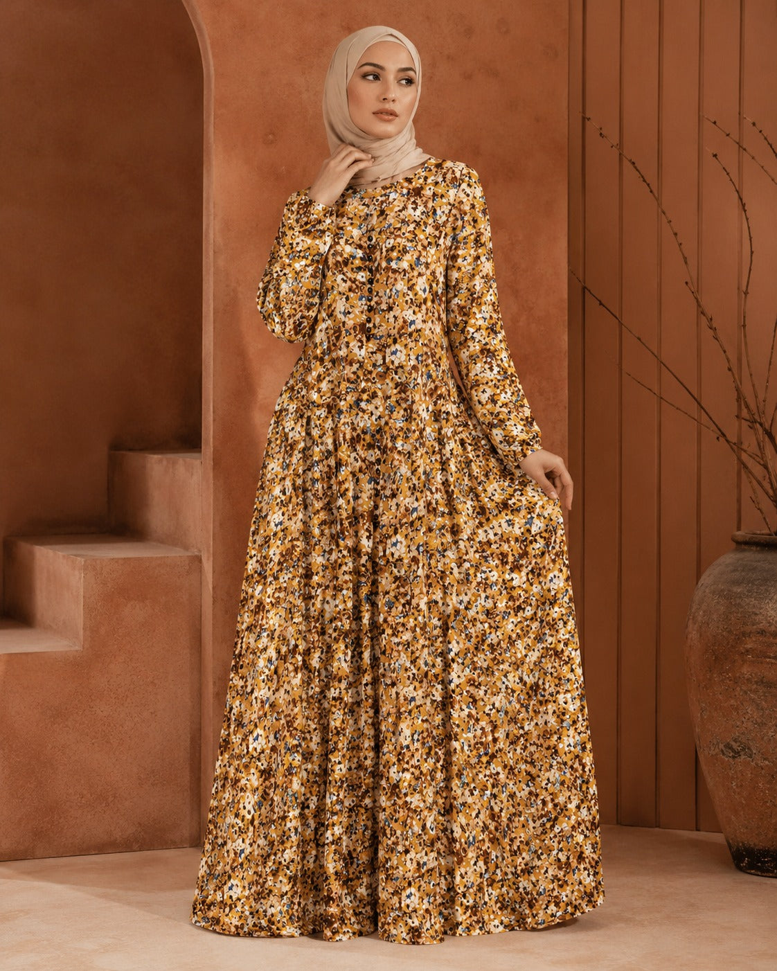 Georgette Mustard Brown Cream Round Neck Black Button Front Vintage Floral Splash Print Maxi Dress