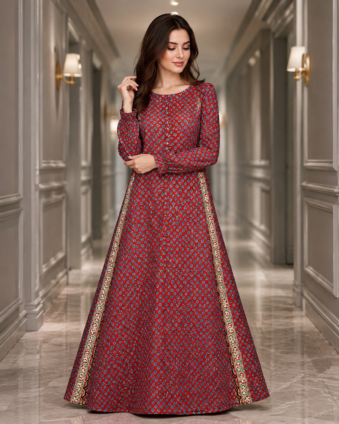 Georgette Red Blue Round Neck Button Front Ethnic Border Geometric Print Maxi Dress