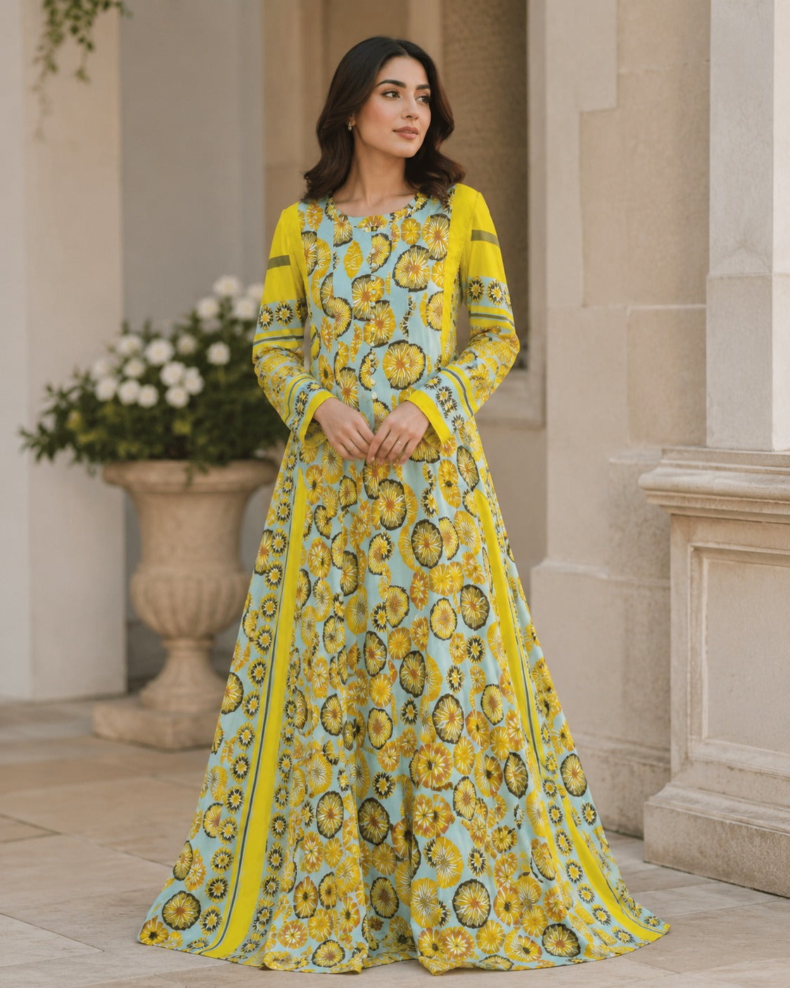 Georgette Sky Blue Yellow Round Neck Button Front Sunflower Floral Border Print Maxi Dress