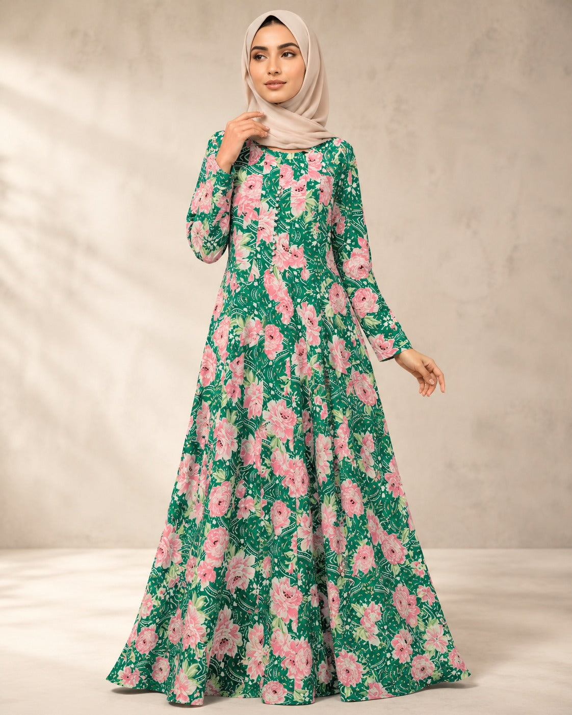 Georgette Emerald Green Pink Round Neck Button Front Rose Floral Print Maxi Dress