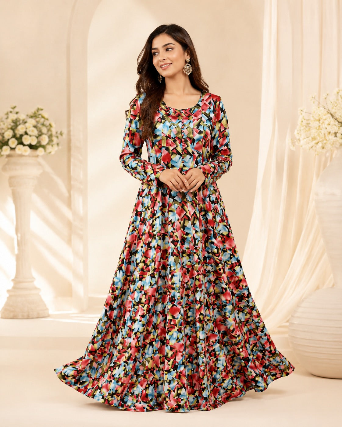 Georgette Multicolor V Neck Button Front Abstract Mosaic Print Maxi Dress