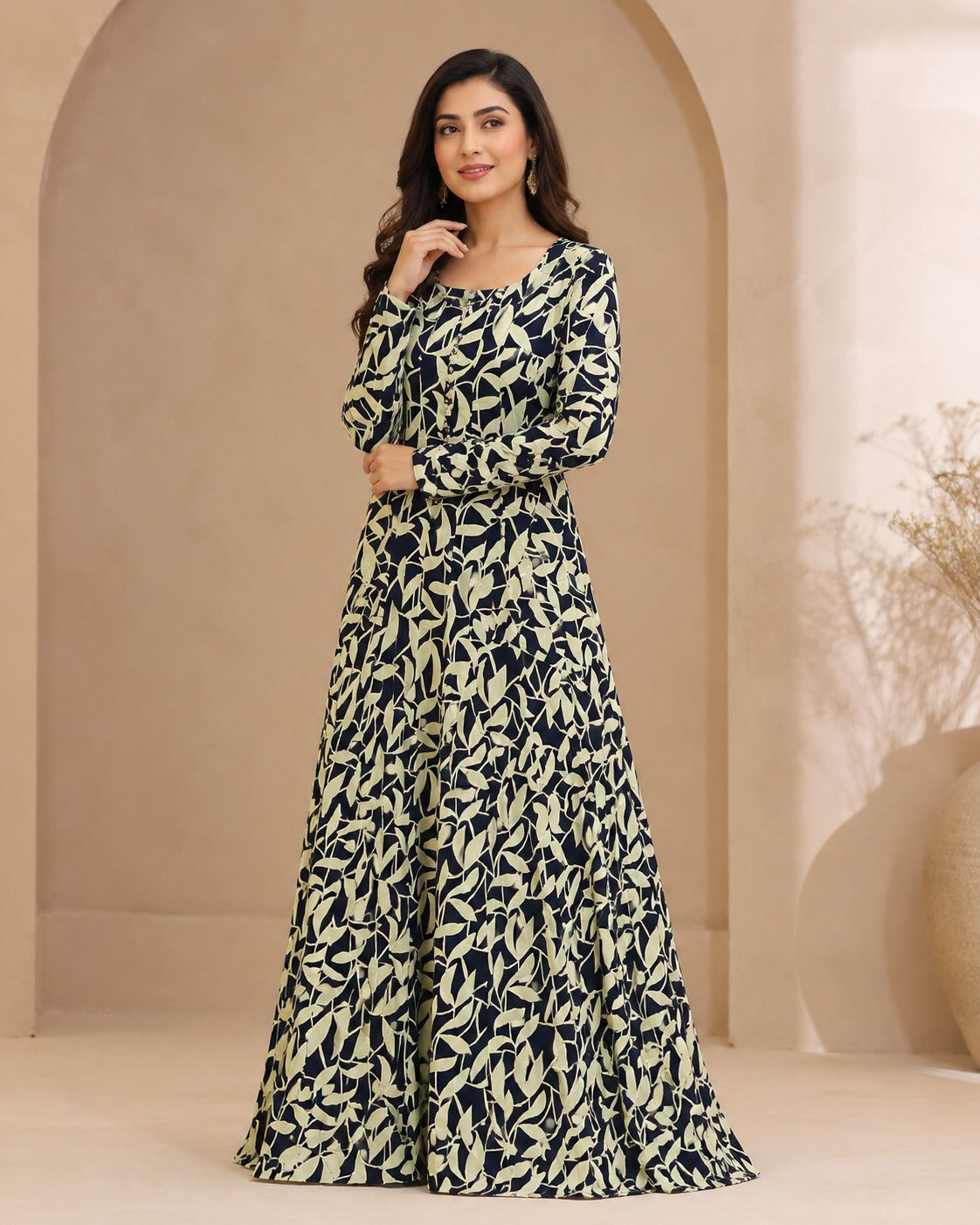 Linen Navy Ivory Round Neck Button Front Leaf Print Maxi Dress