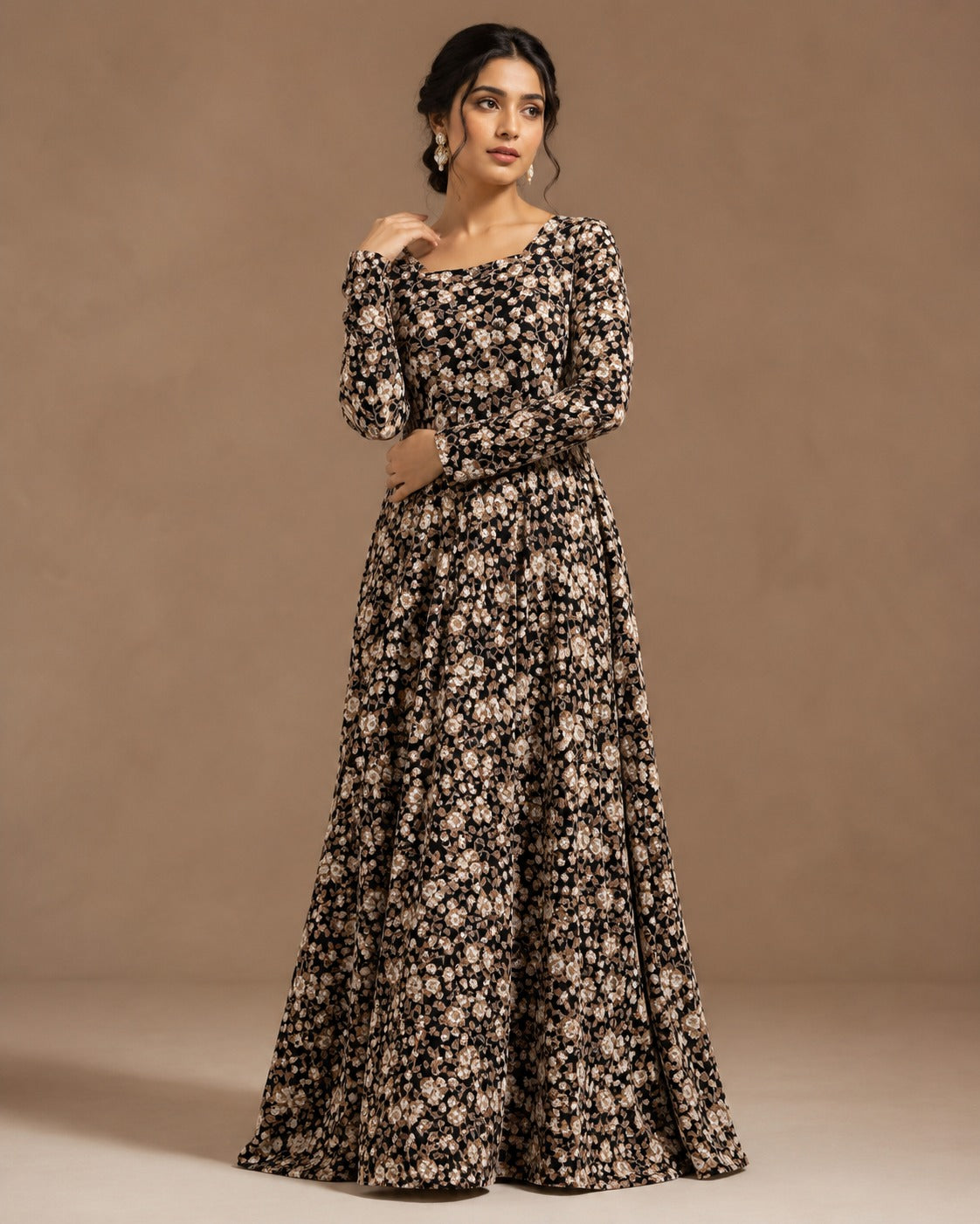 Georgette Black Beige Round Neck Button Front Vintage Floral Print Maxi Dress