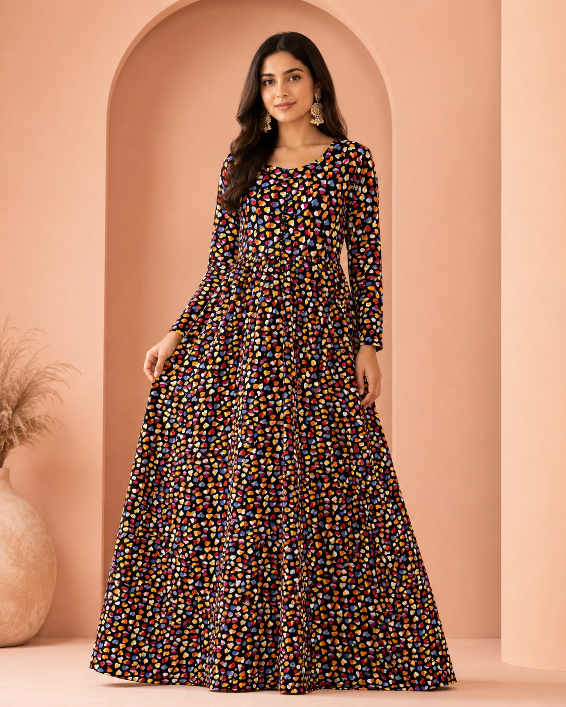 Georgette Black Multicolor Round Neck Button Front Petal Confetti Print Maxi Dress