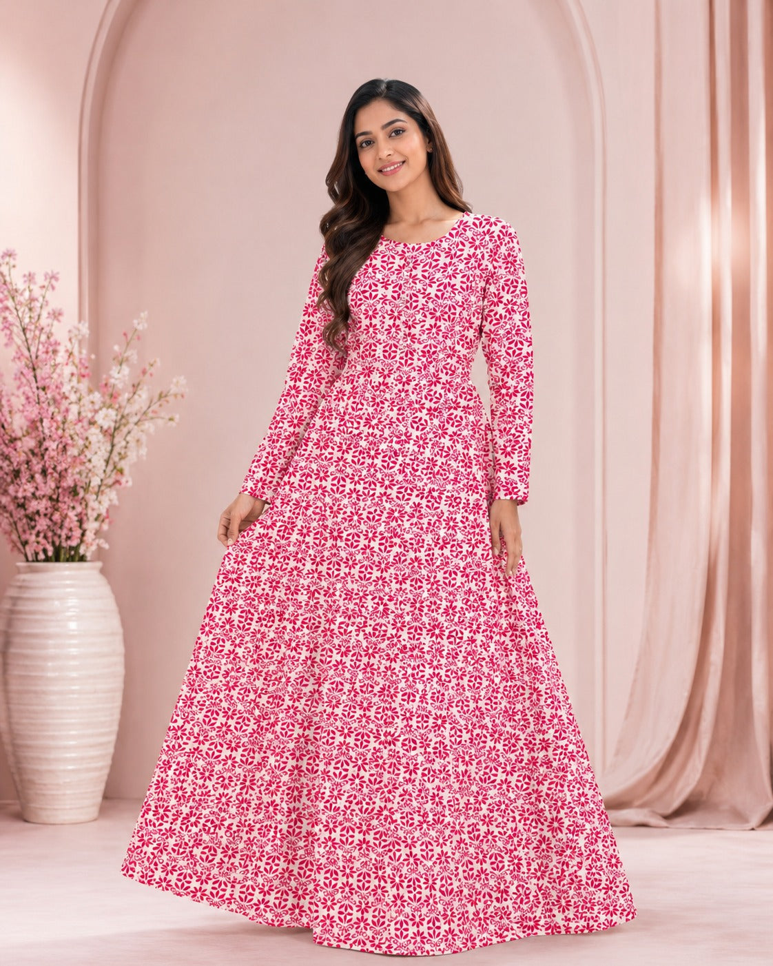 Linen Ivory Pink Round Neck Button Front Red Floral Buti Print Maxi Dress