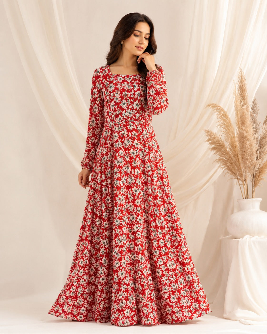 Georgette Red White Round Neck Button Front Daisy Floral Print Maxi Dress