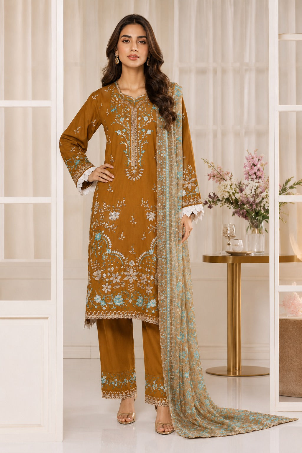 BSL-011 Bin Saeed Luxury Embroidered 3PC Suit - Mehandi