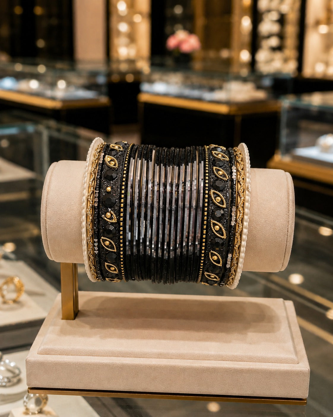 BNG-002 Black Gold Kundan Pearl Bridal Chura Bangle Set