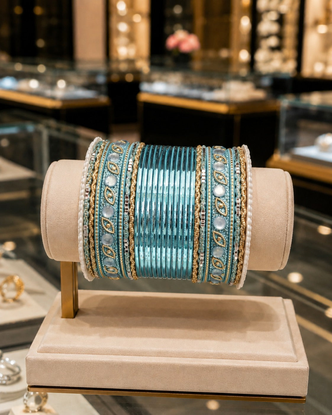 BNG-001 Sky Blue Gold Kundan Pearl Bridal Chura Bangle Set