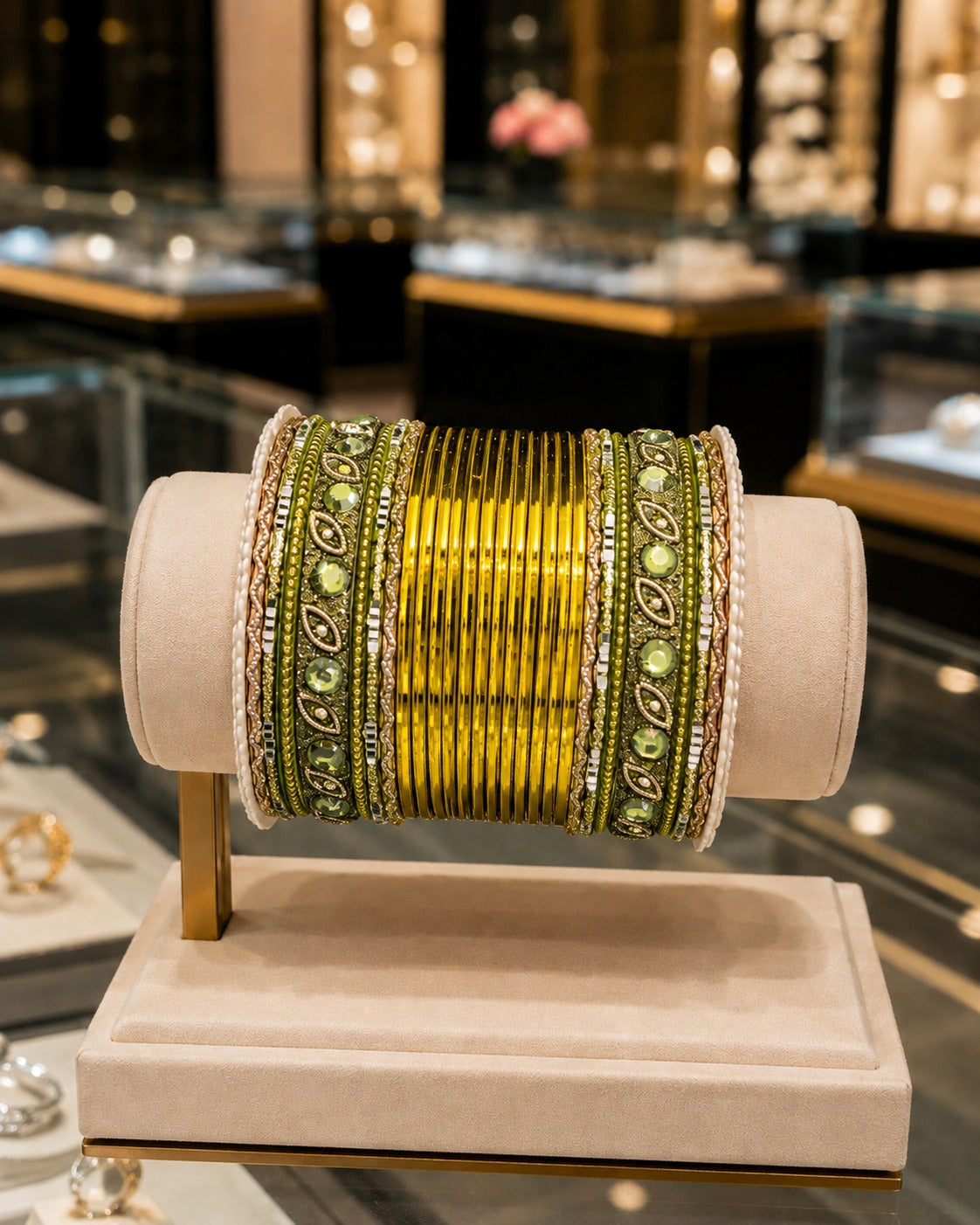BNG-006 Olive Green Gold Kundan Pearl Bridal Chura Bangle Set