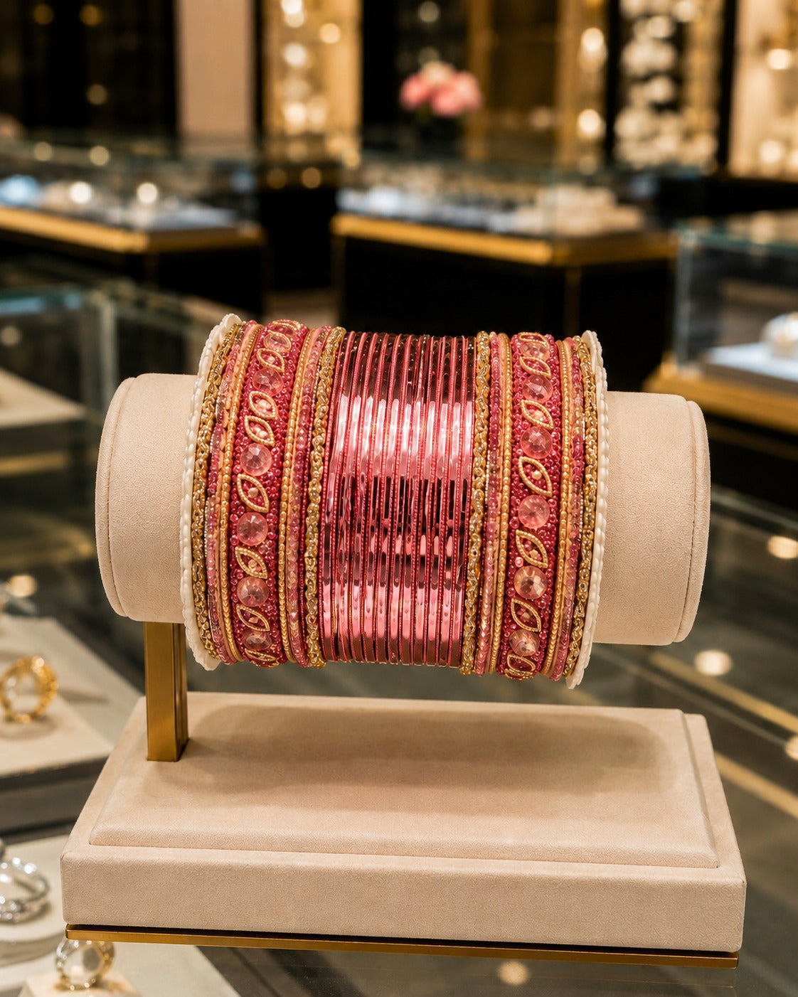 BNG-003 Rose Pink Gold Kundan Pearl Bridal Chura Bangle Set