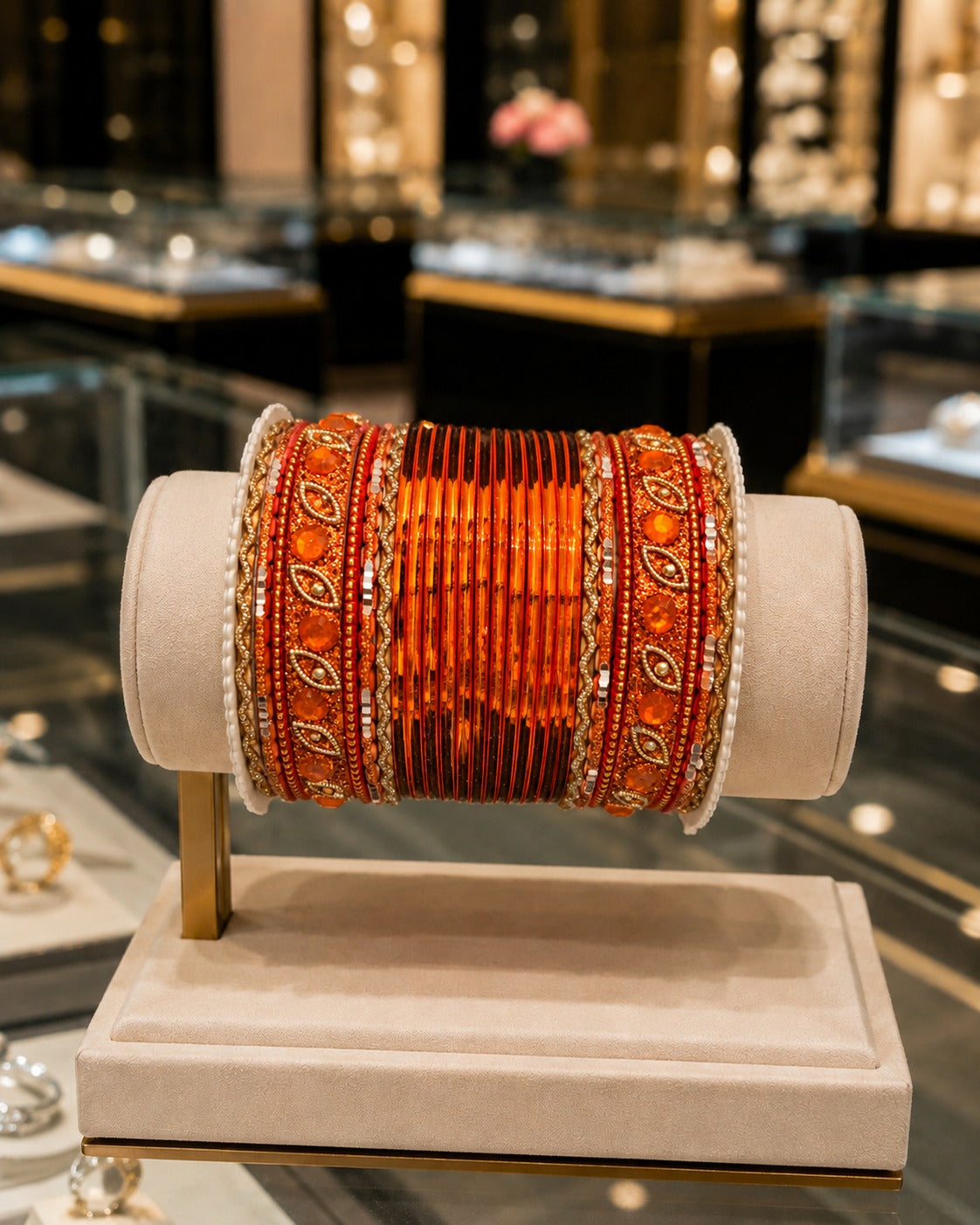 BNG-004 Orange Gold Kundan Pearl Bridal Chura Bangle Set