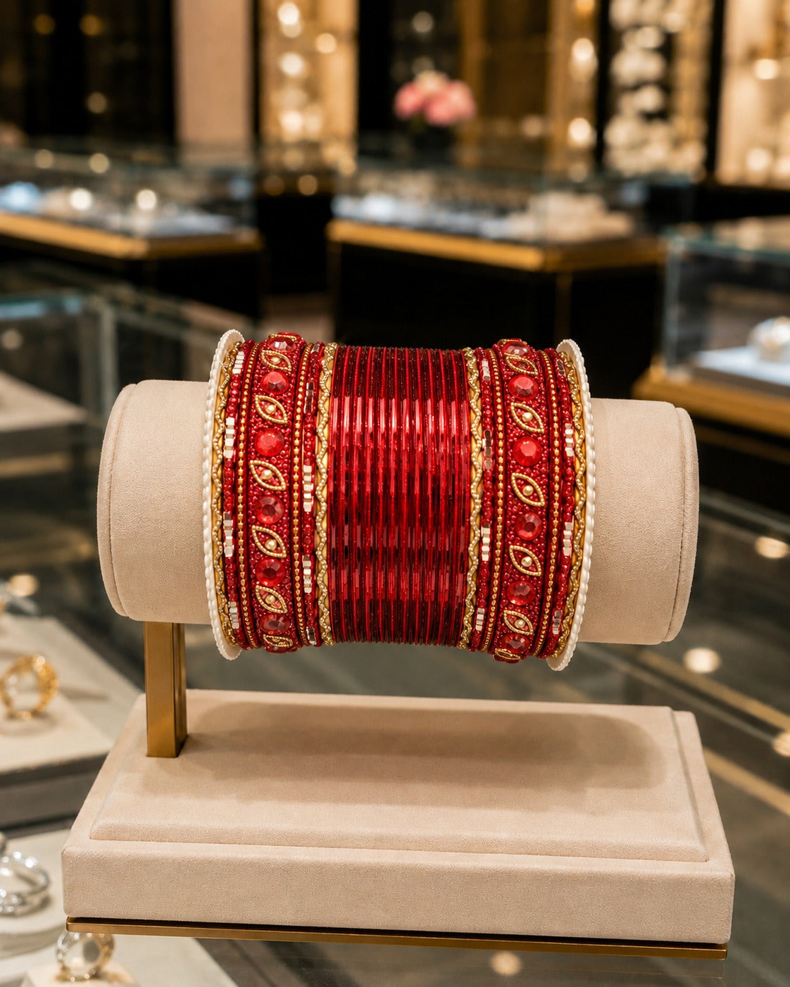 BNG-005 Ruby Red Gold Kundan Pearl Bridal Chura Bangle Set