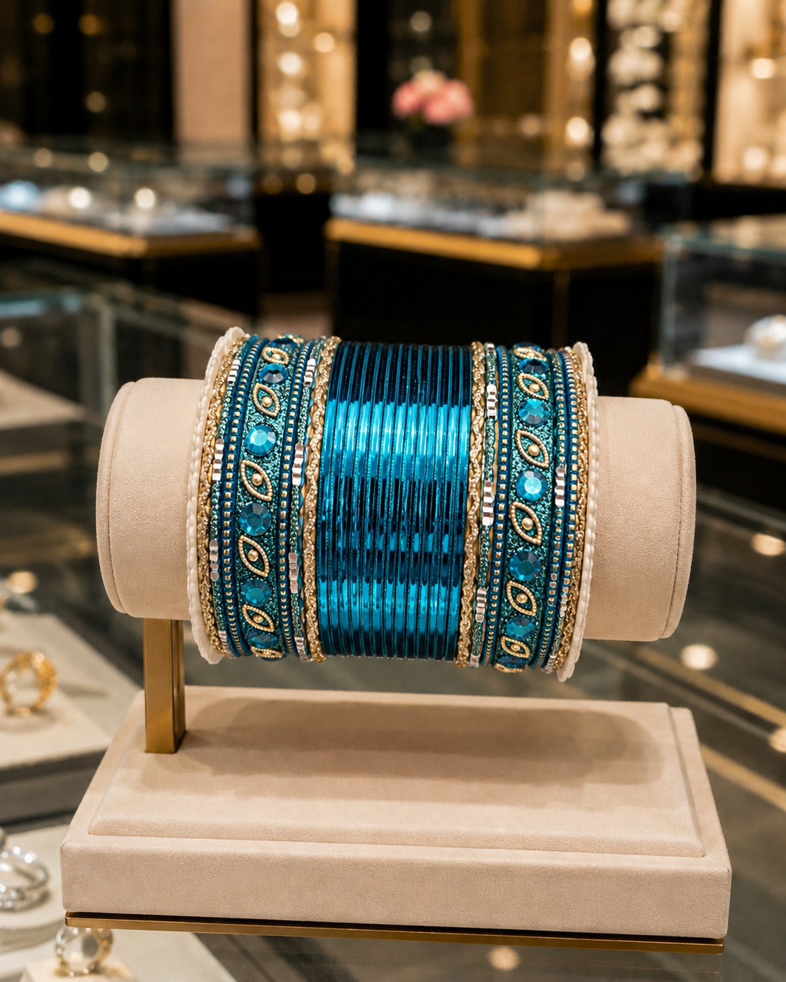 BNG-008 Peacock Blue Gold Kundan Pearl Bridal Chura Bangle Set