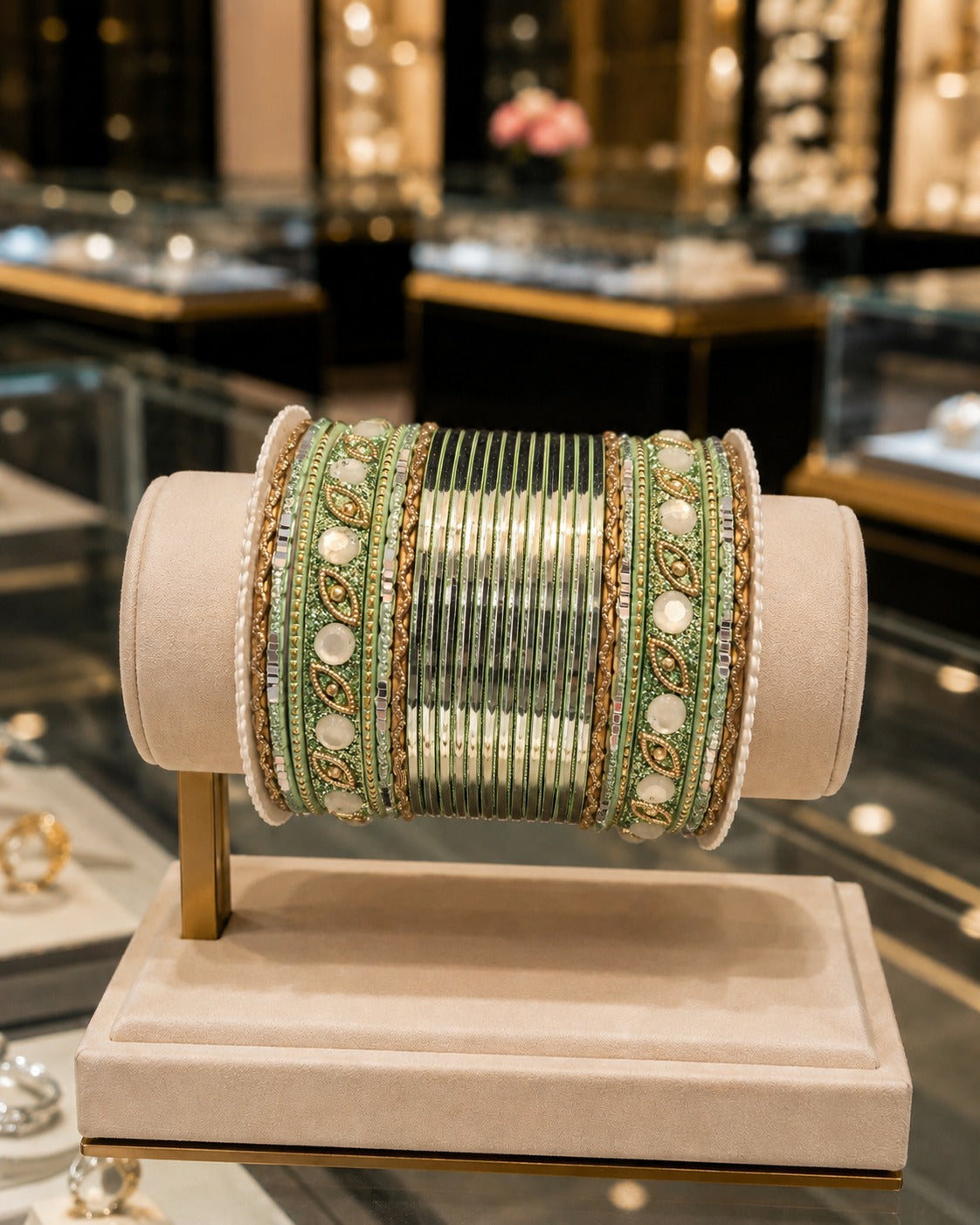 BNG-007 Mint Green Gold Kundan Pearl Bridal Chura Bangle Set