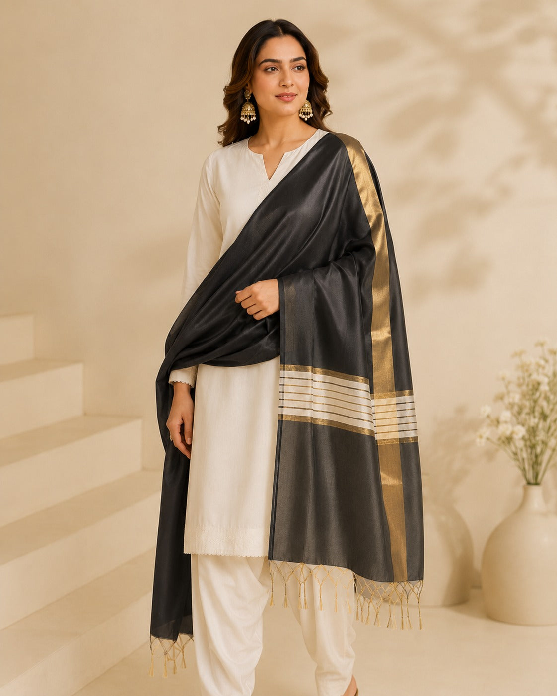 BM-DUP-006 Black Silk Border Dupatta