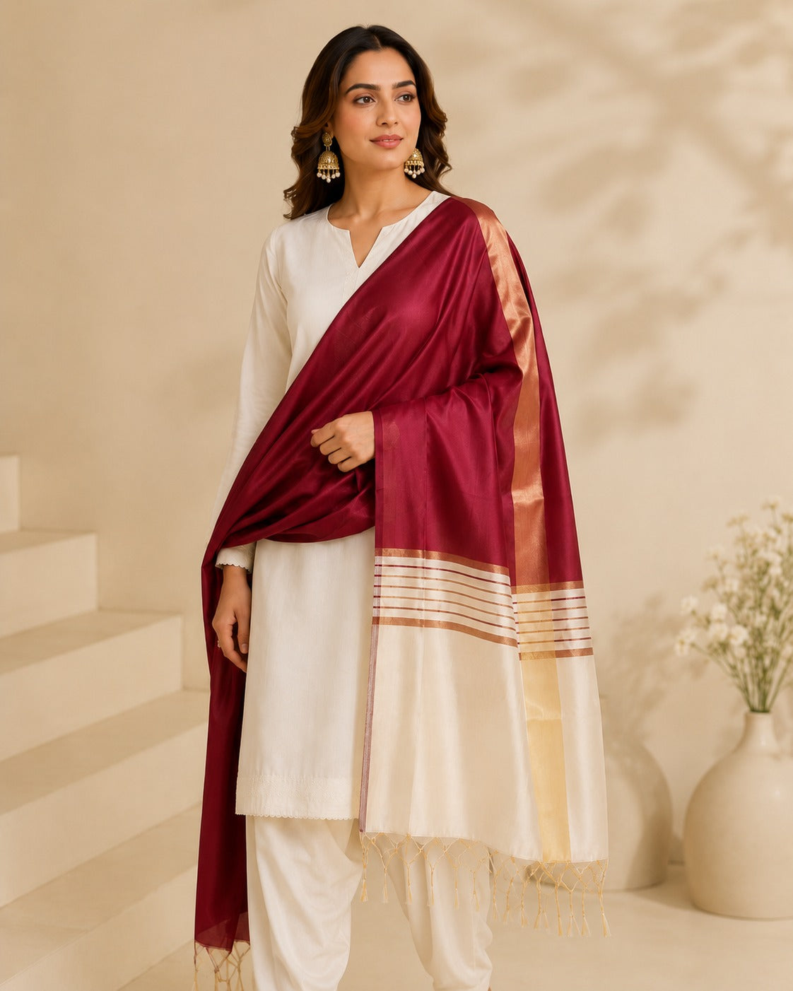 BM-DUP-001 Maroon Silk Border Dupatta