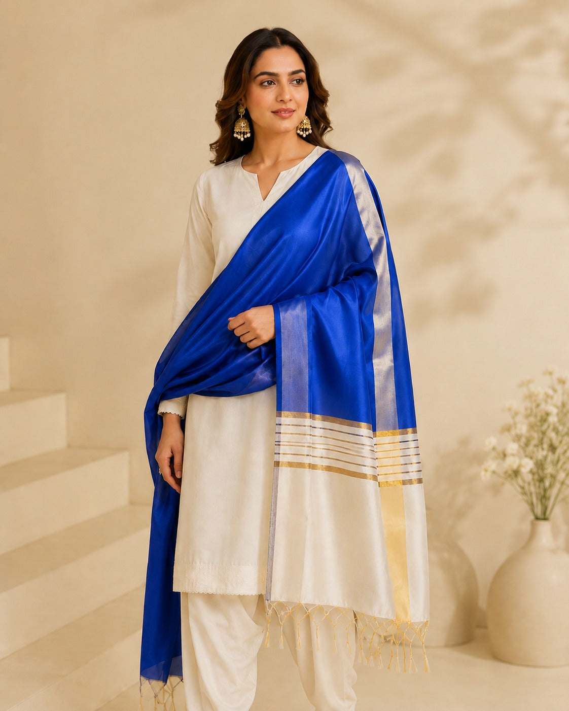 BM-DUP-002 Royal Blue Silk Border Dupatta