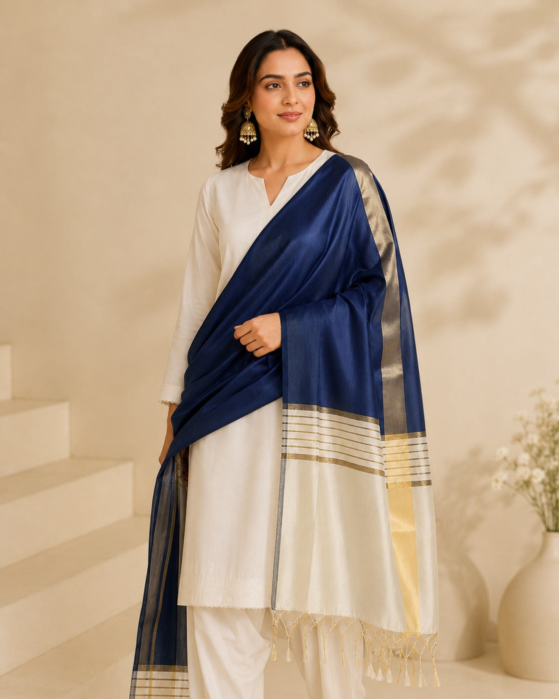 BM-DUP-003 Navy Blue Silk Border Dupatta
