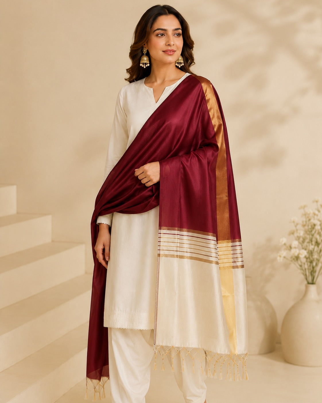 BM-DUP-004 Maroon Silk Border Dupatta