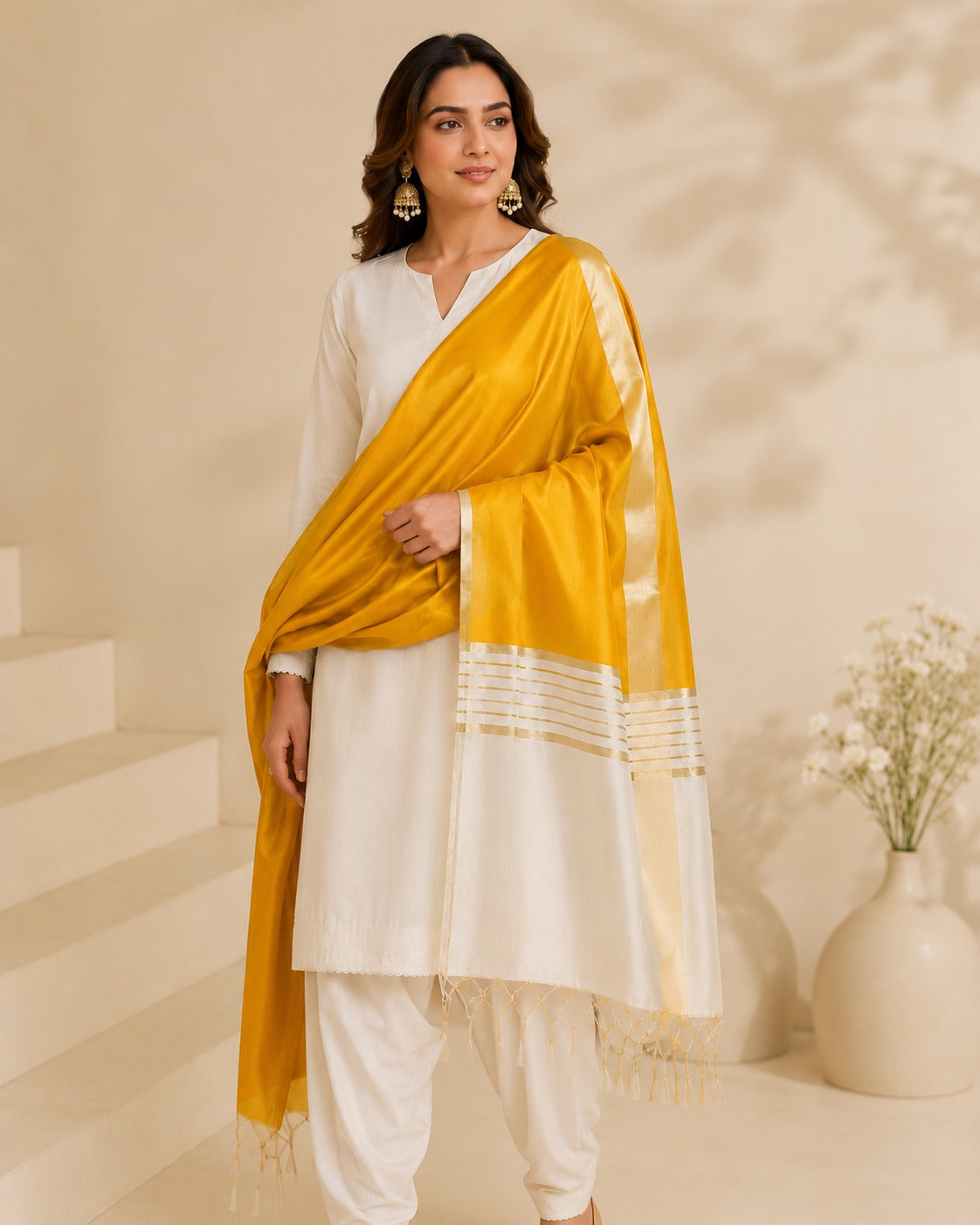 BM-DUP-005 Mustard Yellow Silk Border Dupatta