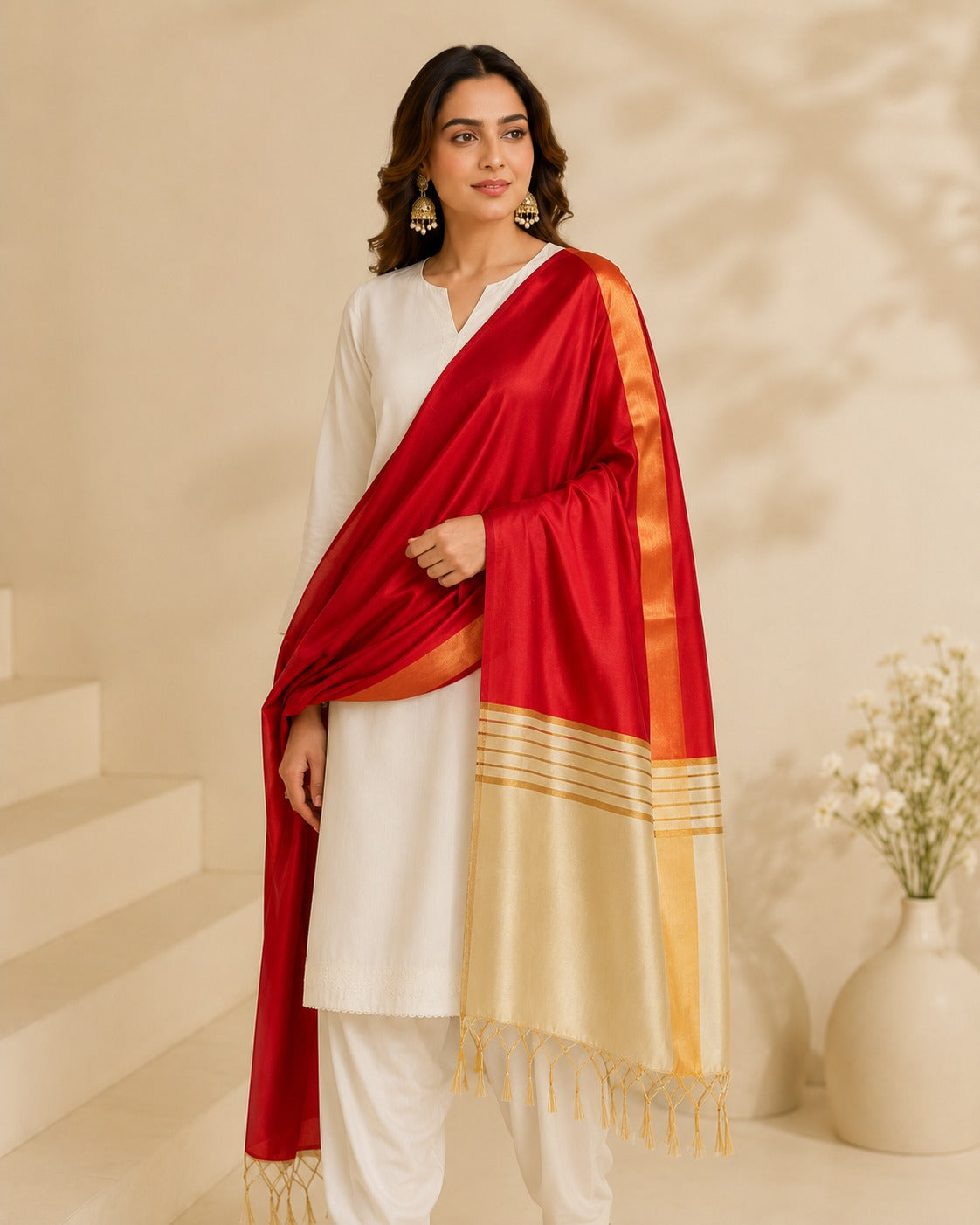 BM-DUP-012 Red Silk Border Dupatta
