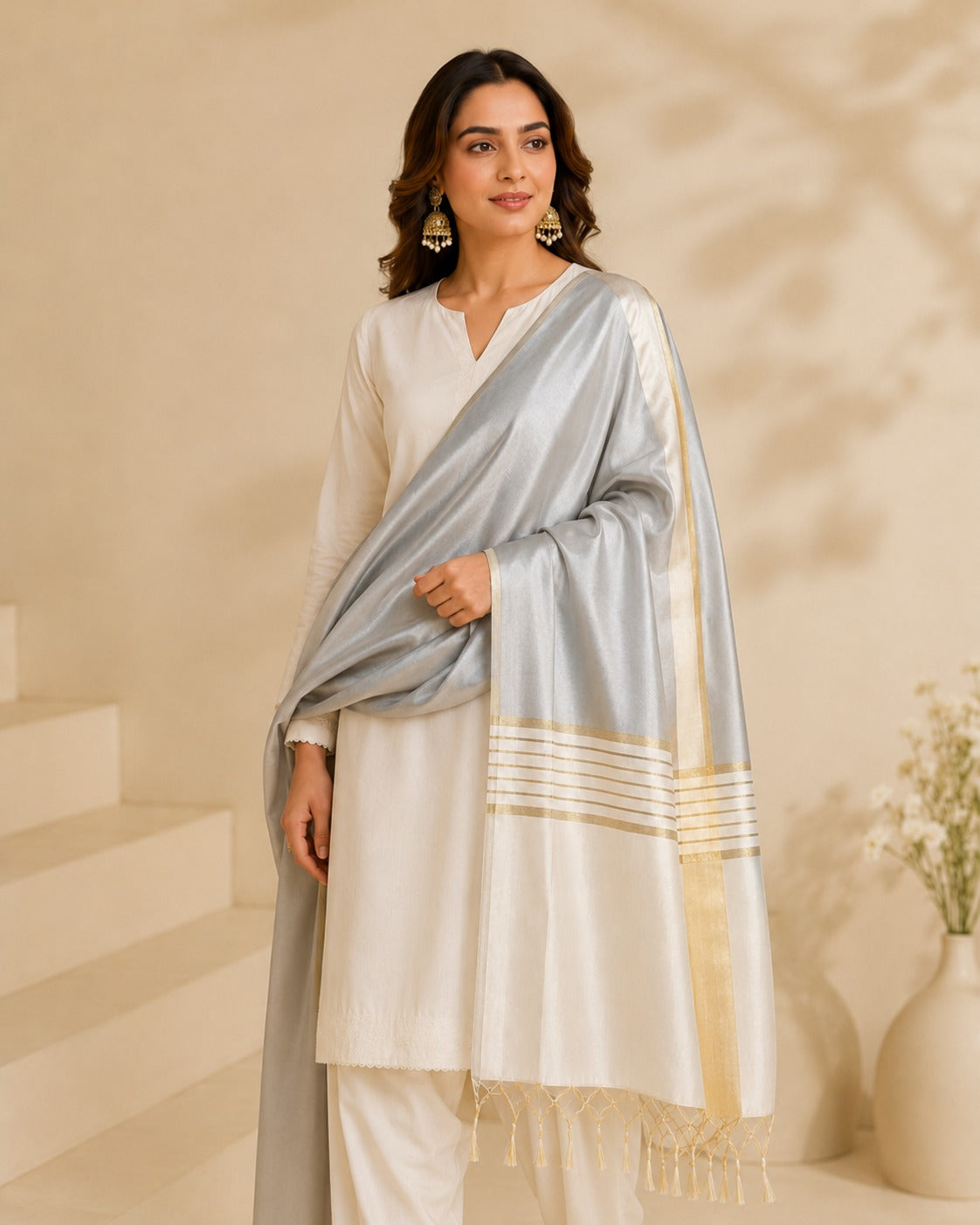 BM-DUP-007 Silver Grey Silk Border Dupatta