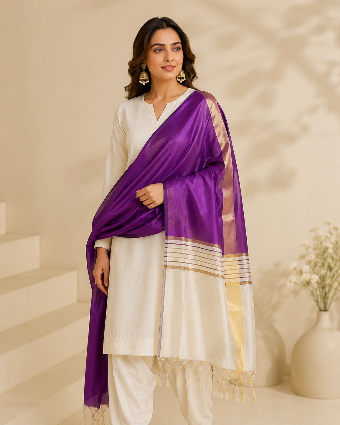 BM-DUP-008 Purple Silk Border Dupatta