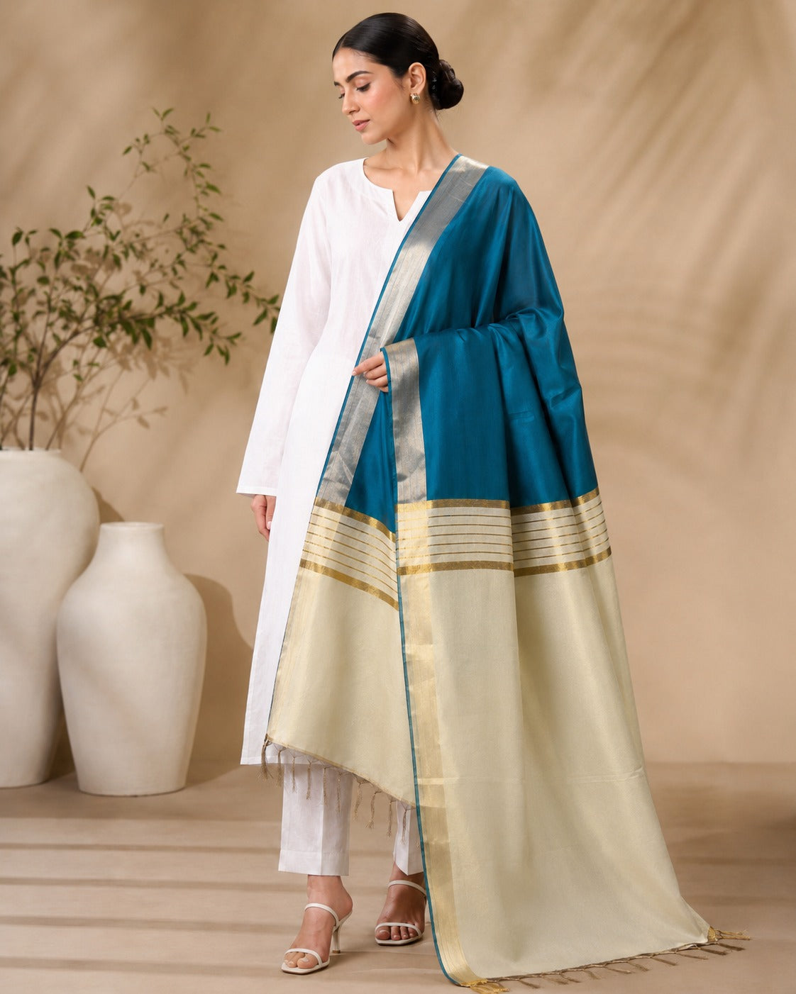 BM-DUP-009 Teal Silk Border Dupatta