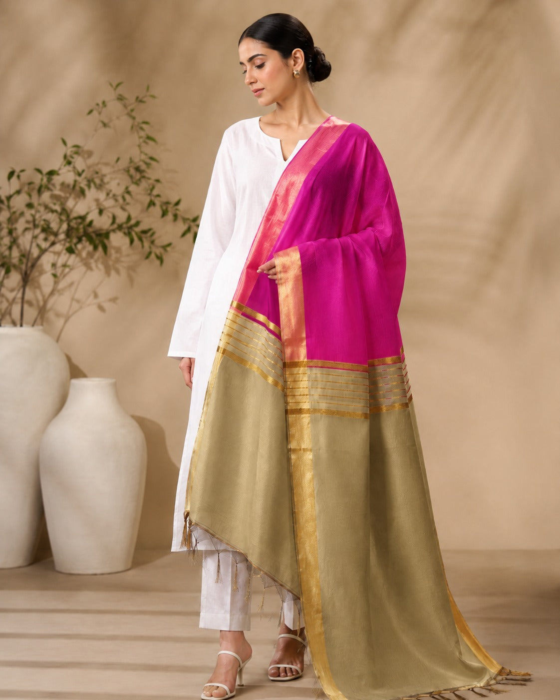 BM-DUP-010 Fuchsia Silk Border Dupatta
