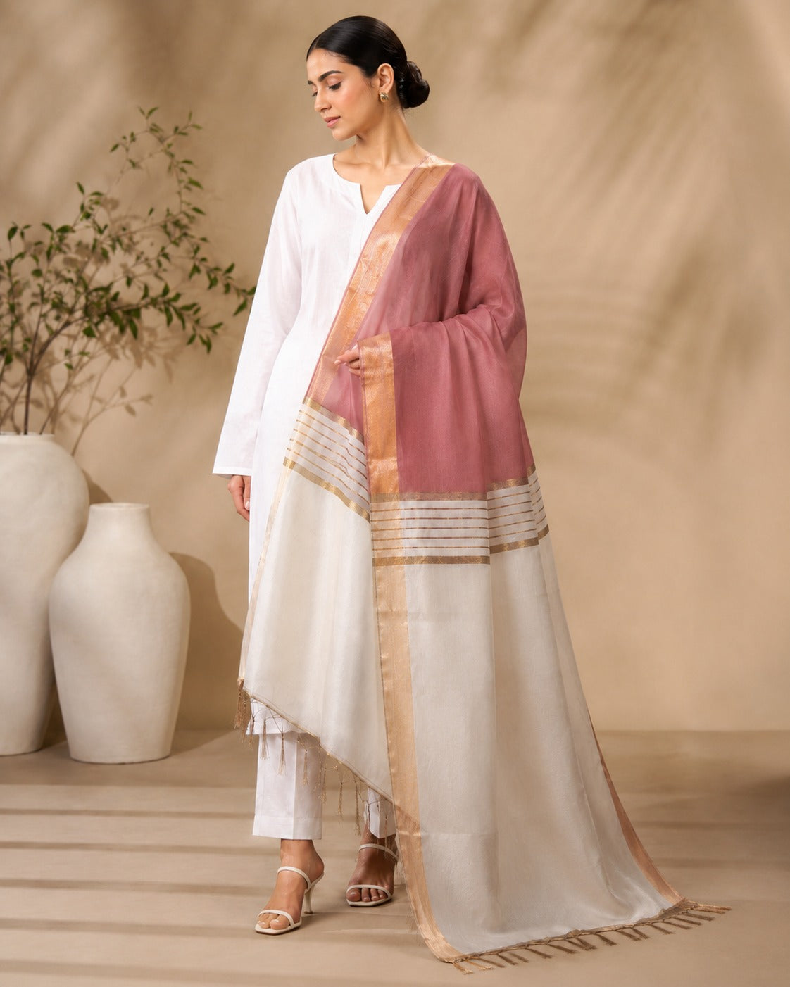 BM-DUP-011 Dusty Rose Silk Border Dupatta