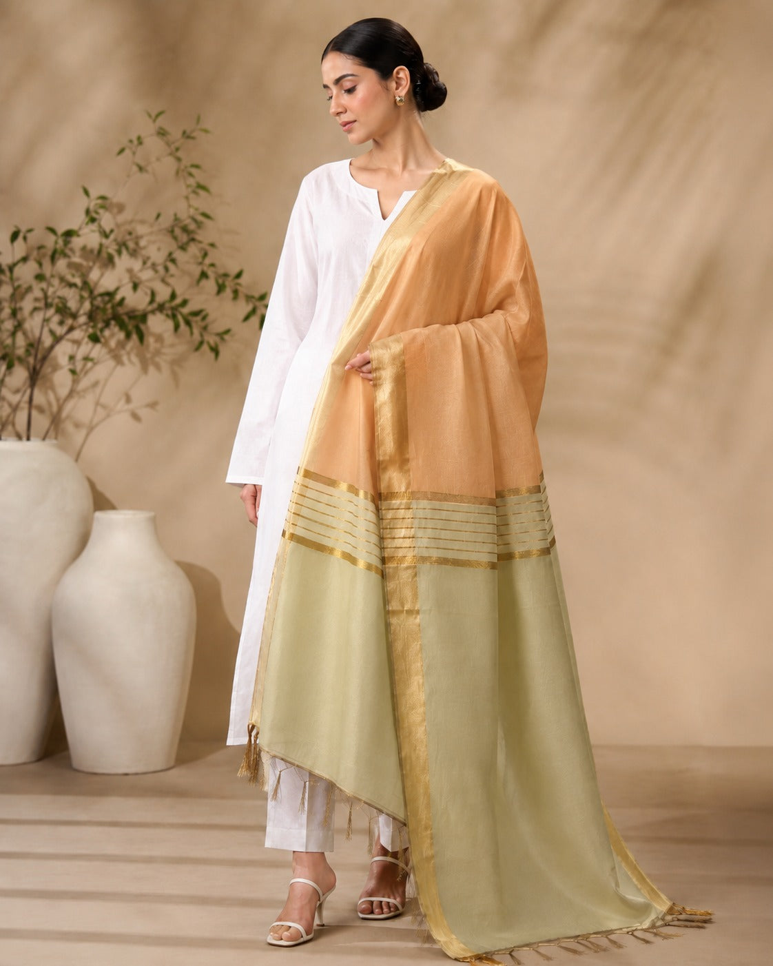 BM-DUP-013 Peach Silk Border Dupatta