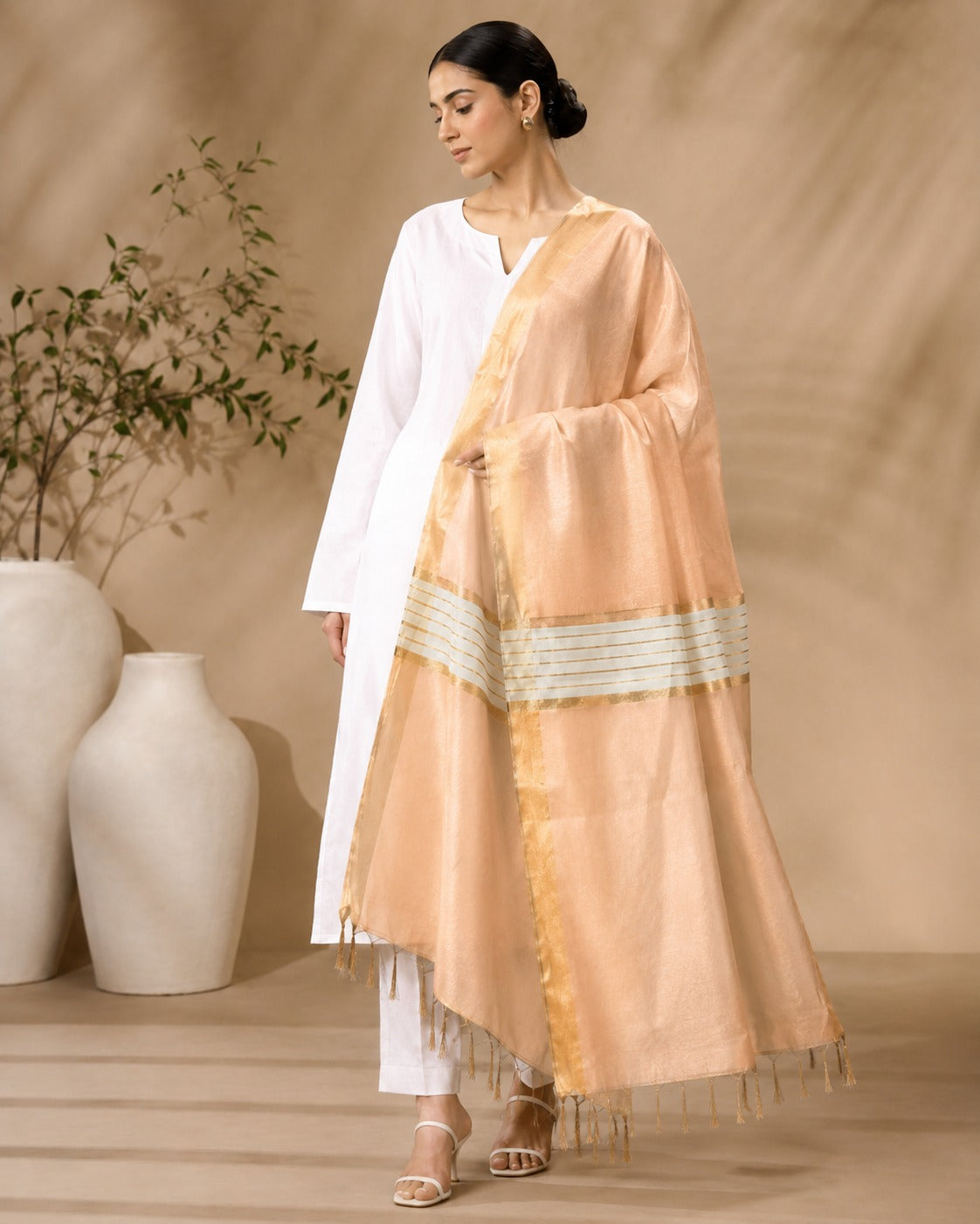 BM-DUP-014 Peach Silk Border Dupatta