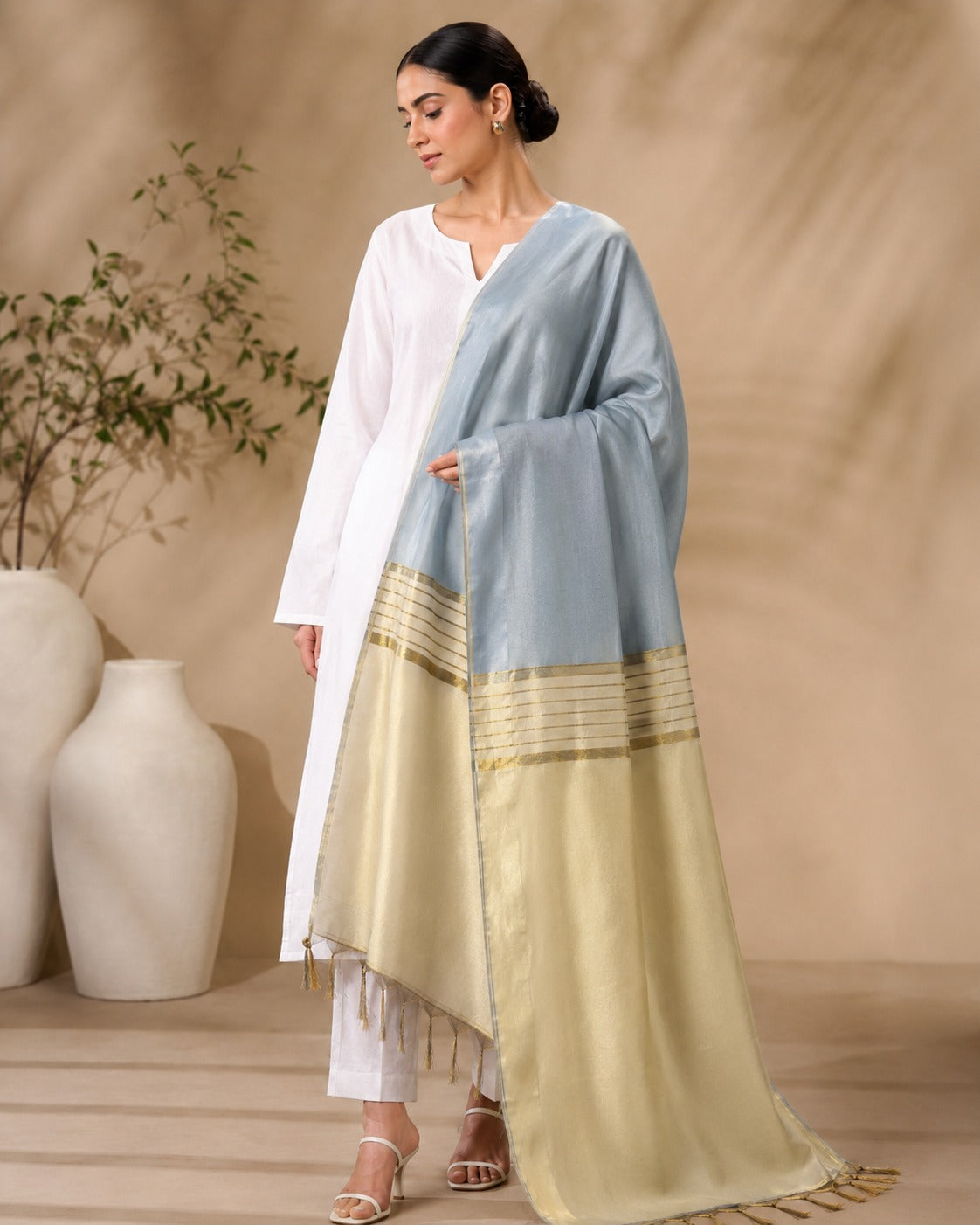 BM-DUP-015 Light Blue Silk Border Dupatta