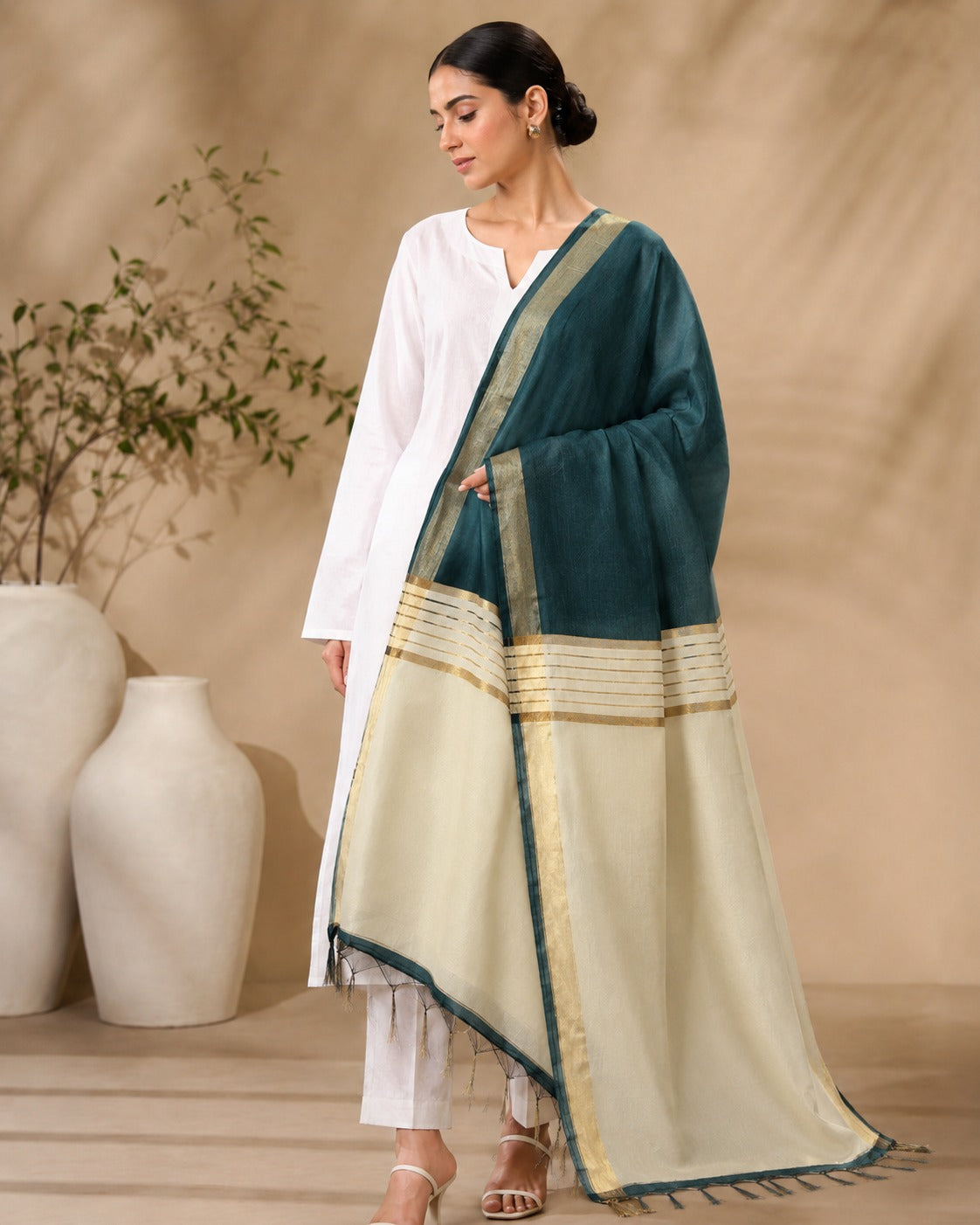 BM-DUP-016 Deep Teal Silk Border Dupatta